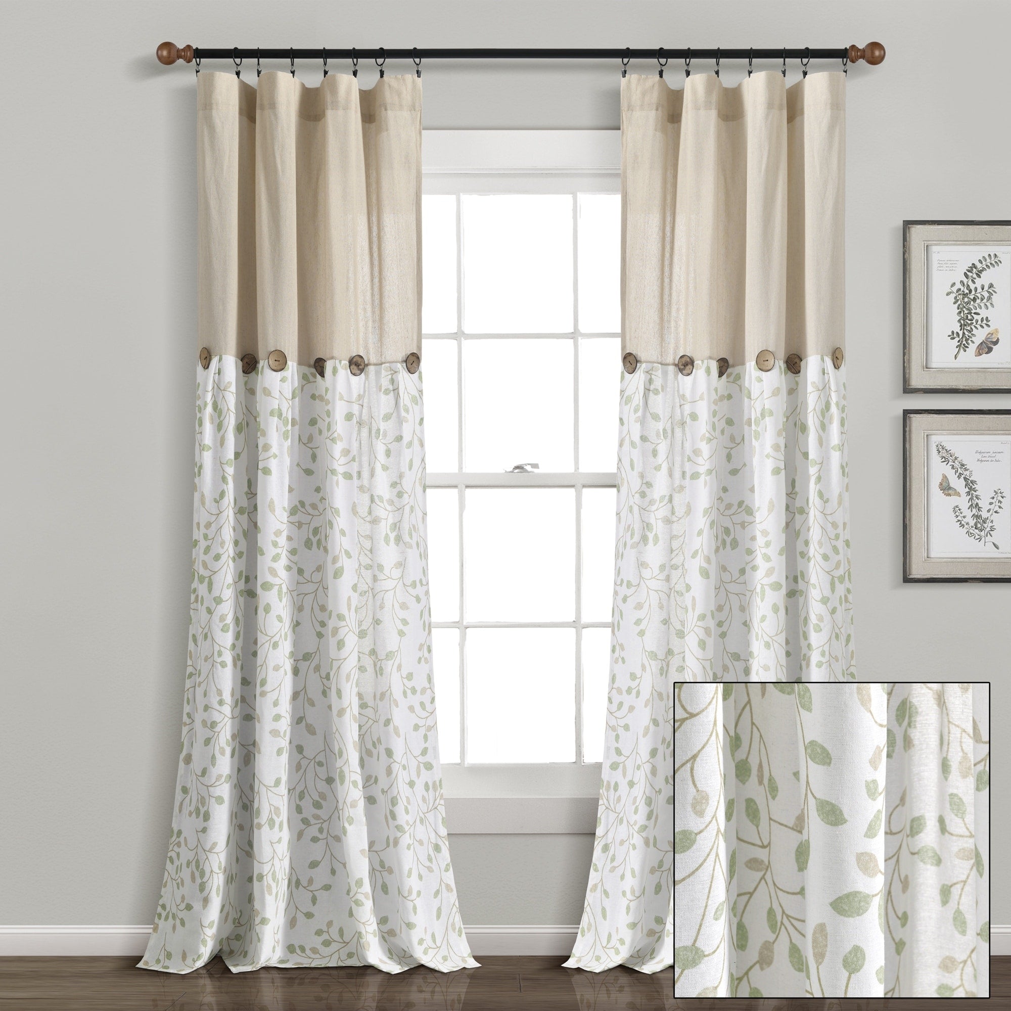 Lush Decor Linen Button Botanical Garden Window Curtain Panels Single