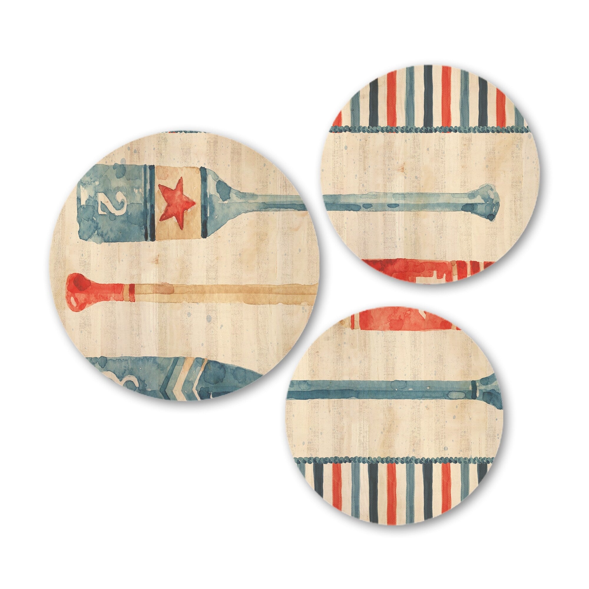 Designart 'Watercolor Nautical paddles' Nautical & Coastal Wood Wall Art Set of 3 Circles