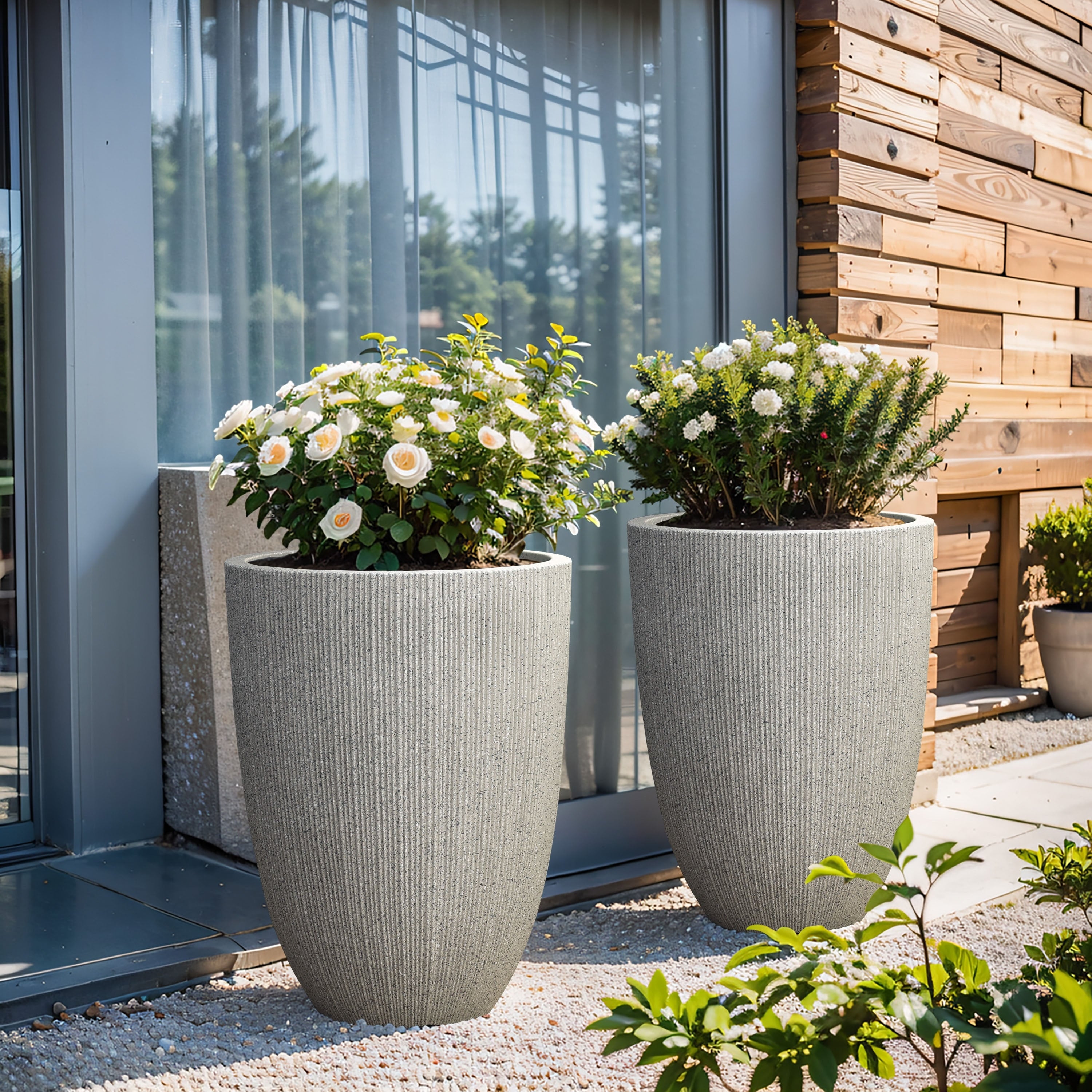 2-Piece Tall Tapered Round Plastic Planters Set, Mediterranean Style