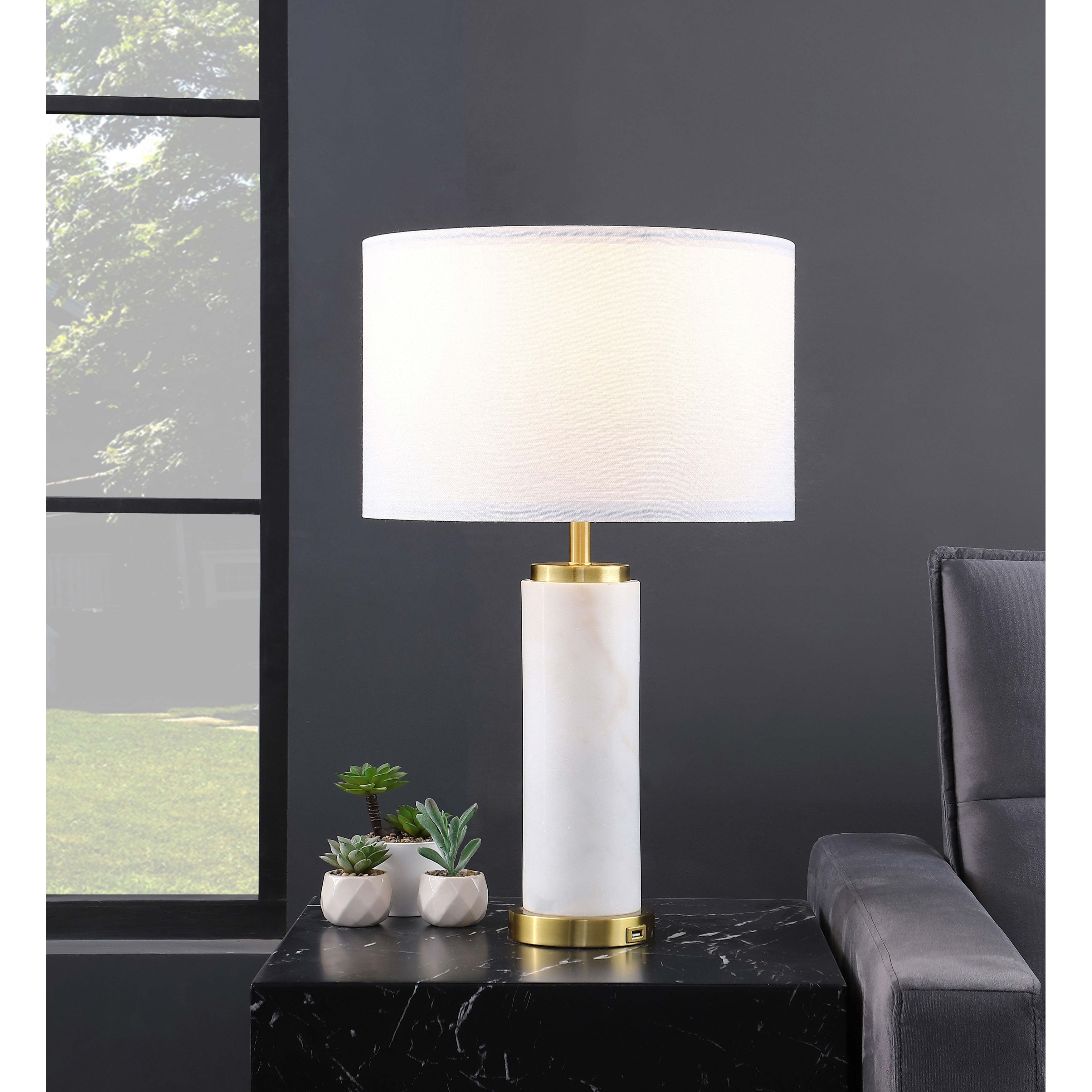 Lucius 25-inch Drum Shade Marble Body Table Lamp White