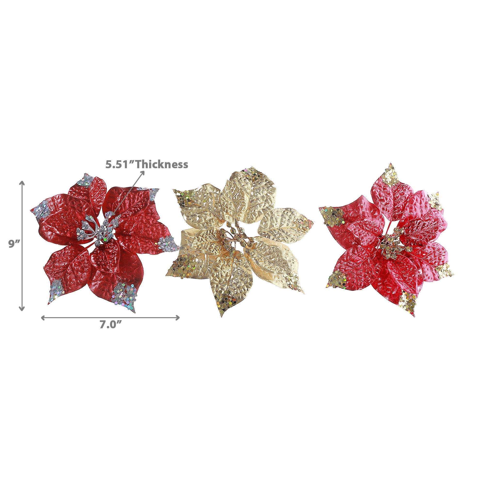 Glitter Edged Poinsettia Clip - Set of 6 - Multi