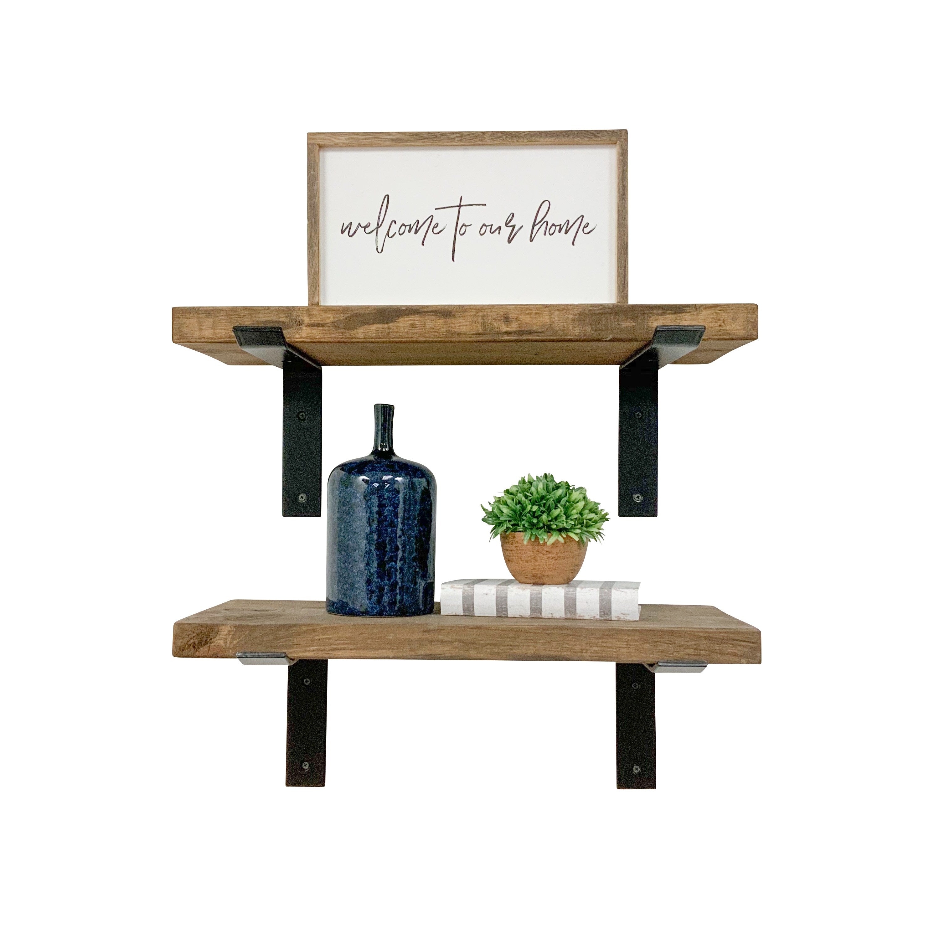 Industrial Pine Wood Heavy Duty Decorative Wall Shelf Set of 2 with Brackets