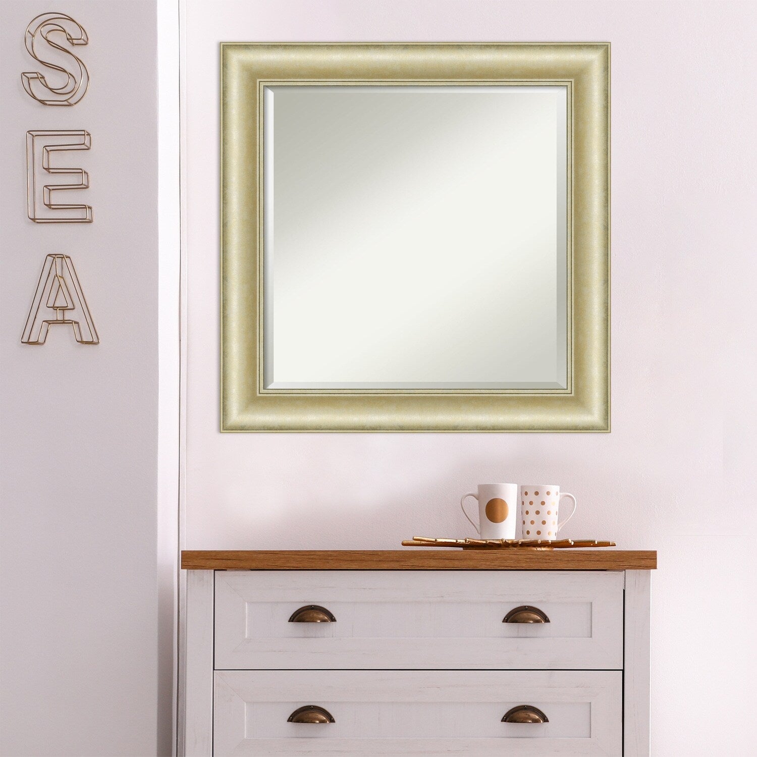 Beveled Bathroom Wall Mirror - Textured Light Gold Frame