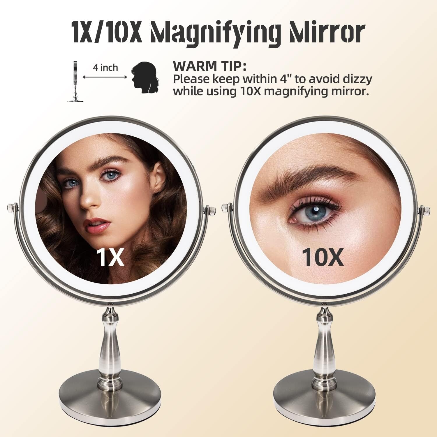 9 Makeup Mirror, 1X/10X Magnifying Mirror with 3 Colors Dimmable Lightning, 360°Rotation Double Sided Desk Mirror