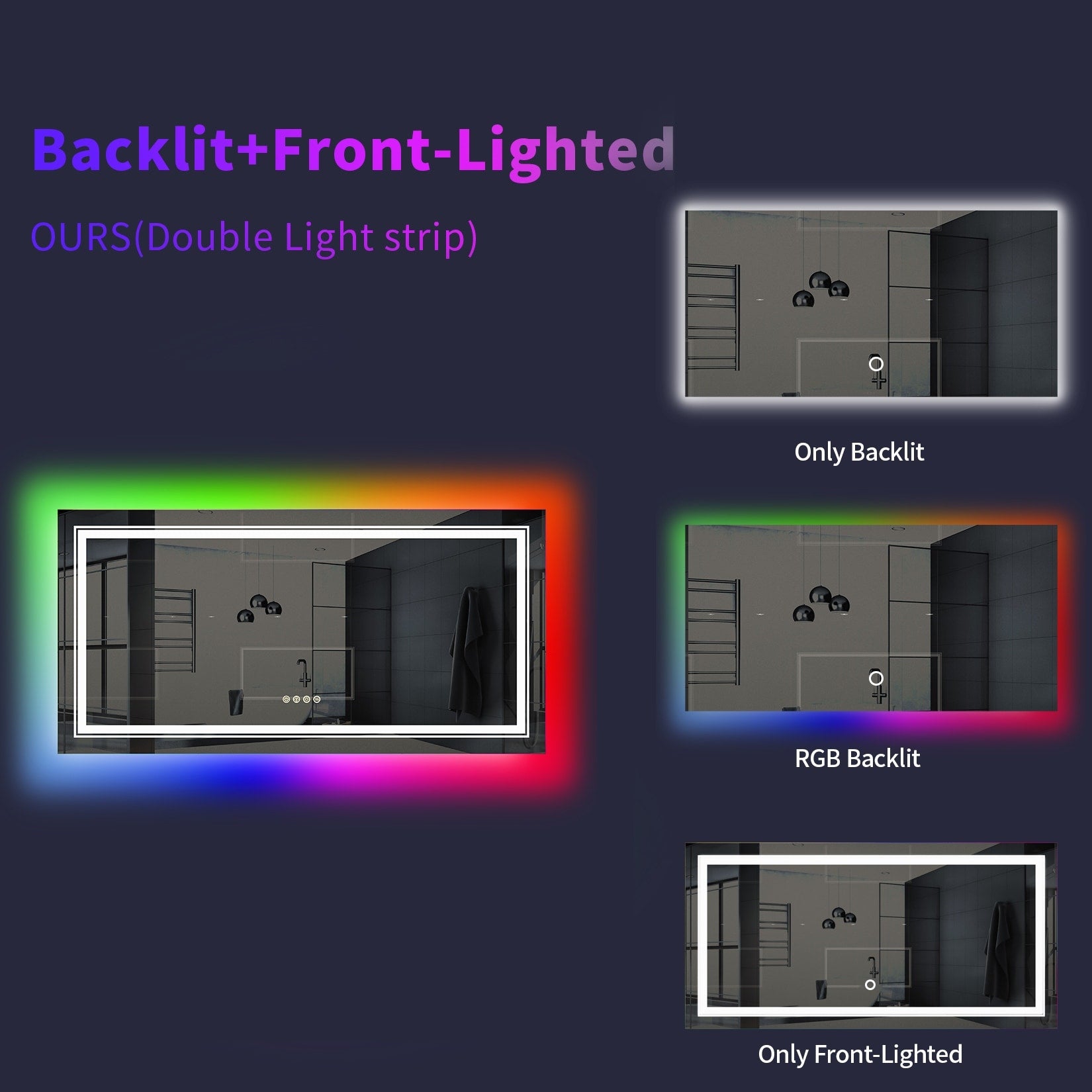 RGB LED Bathroom Mirror Front Light RGB Backlit Lighted Vanity Mirror