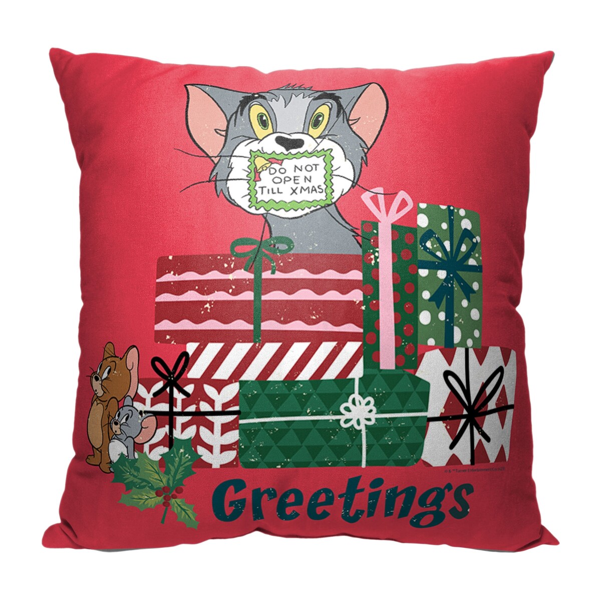 WB Tom and Jerry Silenced Till Christmas Printed Throw Pillow - Red