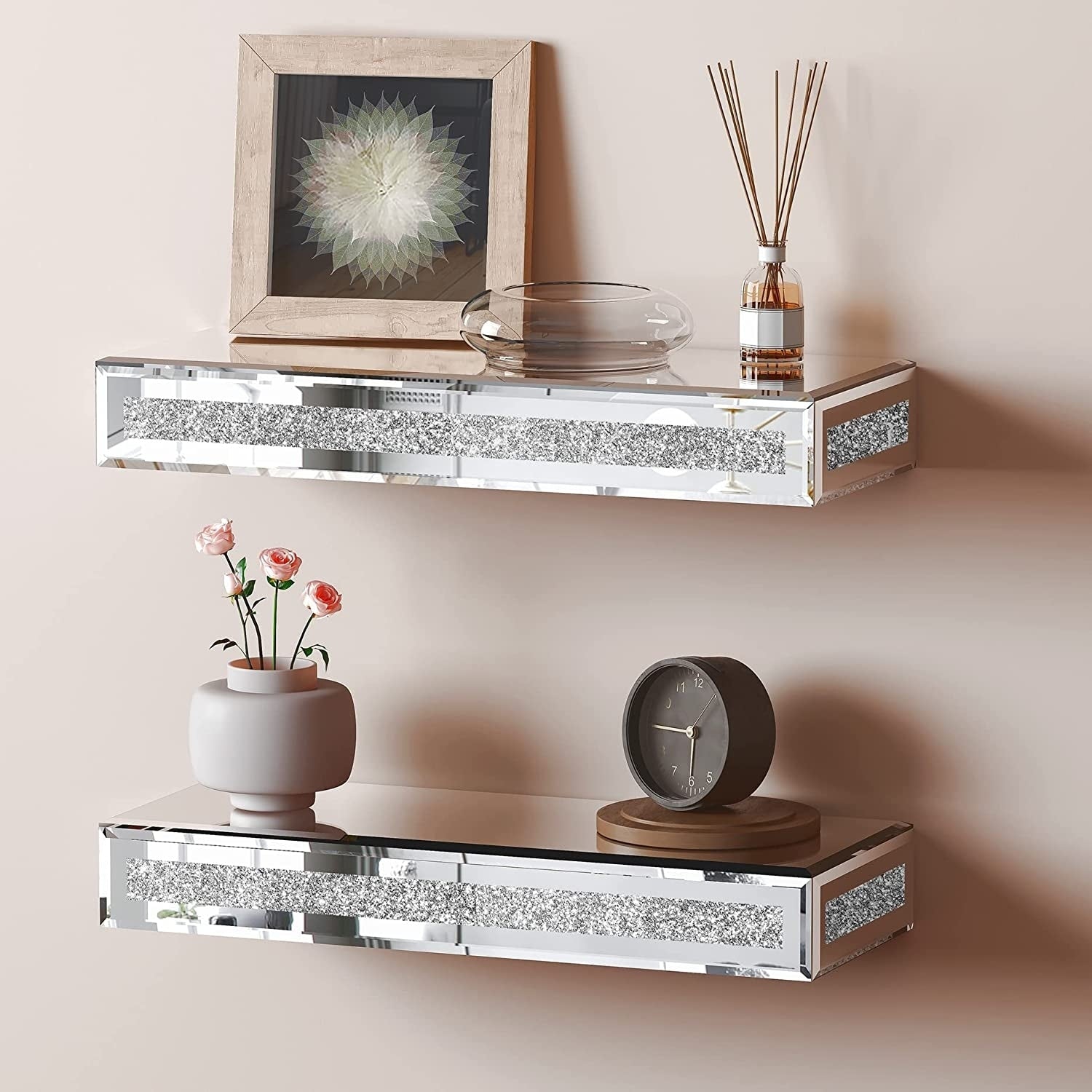 2 Piece Mirror Floating Wall Shelf for Home Kitchen