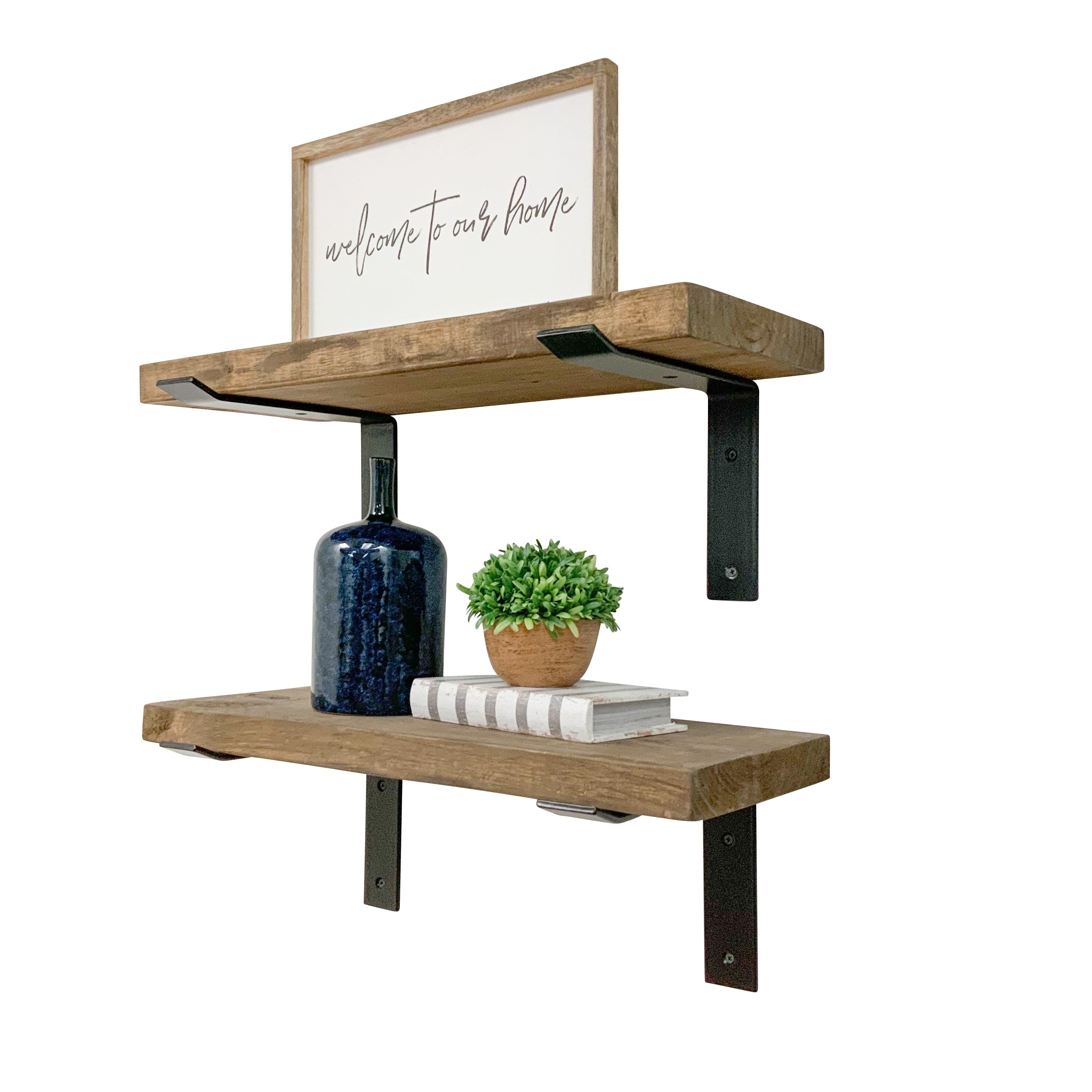 Industrial Pine Wood Heavy Duty Decorative Wall Shelf Set of 2 with Brackets