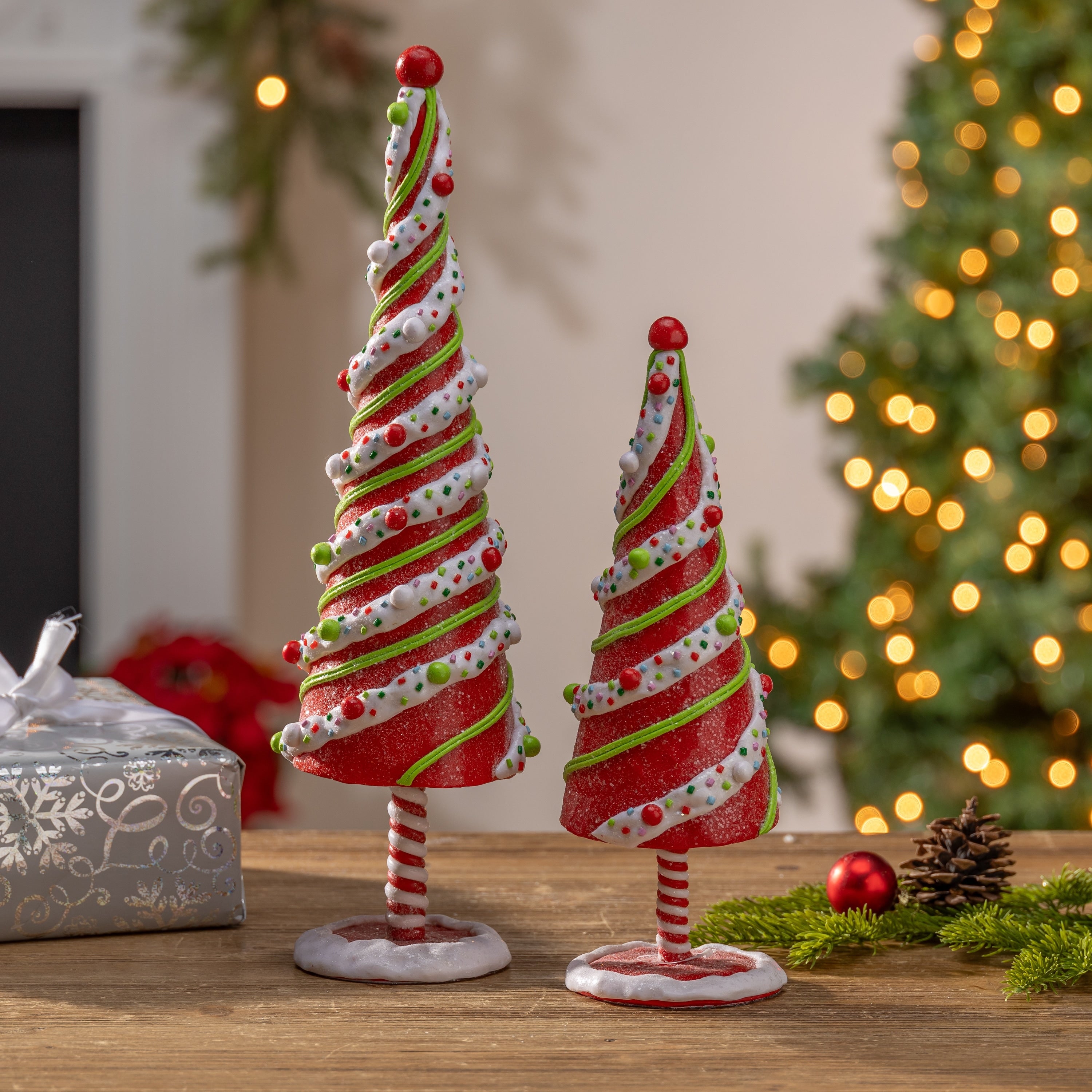 Set of 2 Clay Dough Whimsical Christmas Tabletop Candy Trees Decor