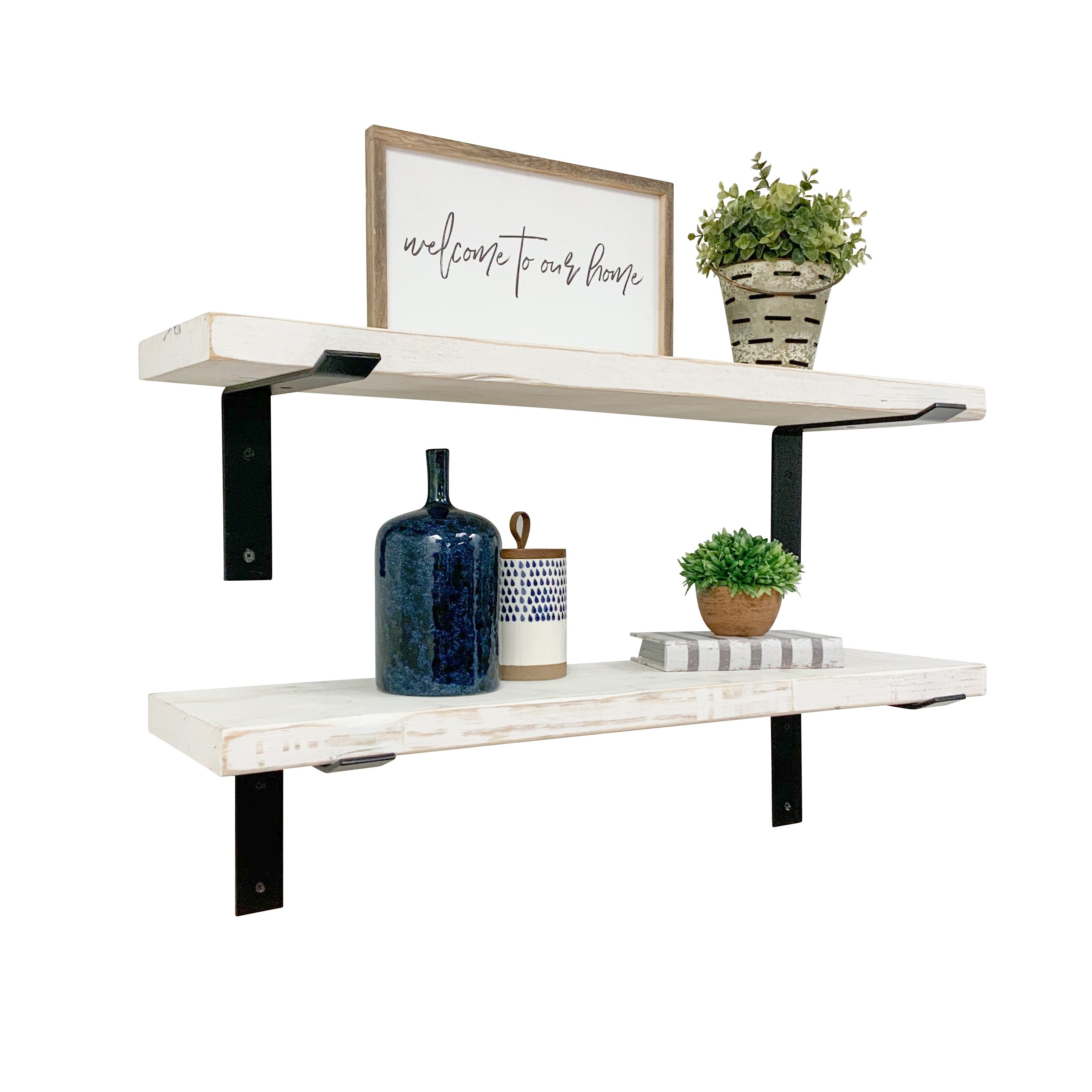 Industrial Pine Wood Heavy Duty Decorative Wall Shelf Set of 2 with Brackets