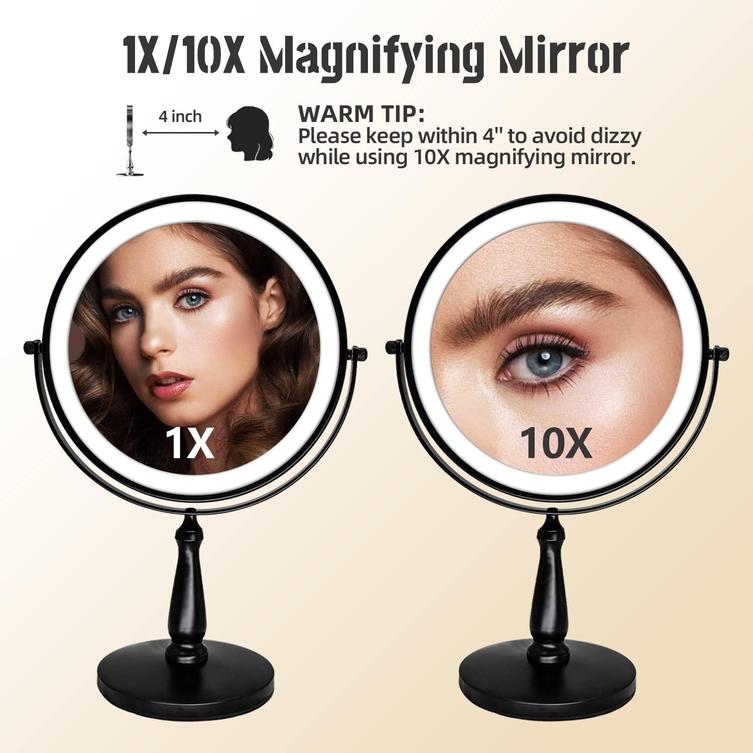 9 Makeup Mirror, 1X/10X Magnifying Mirror with 3 Colors Dimmable Lightning, 360°Rotation Double Sided Desk Mirror