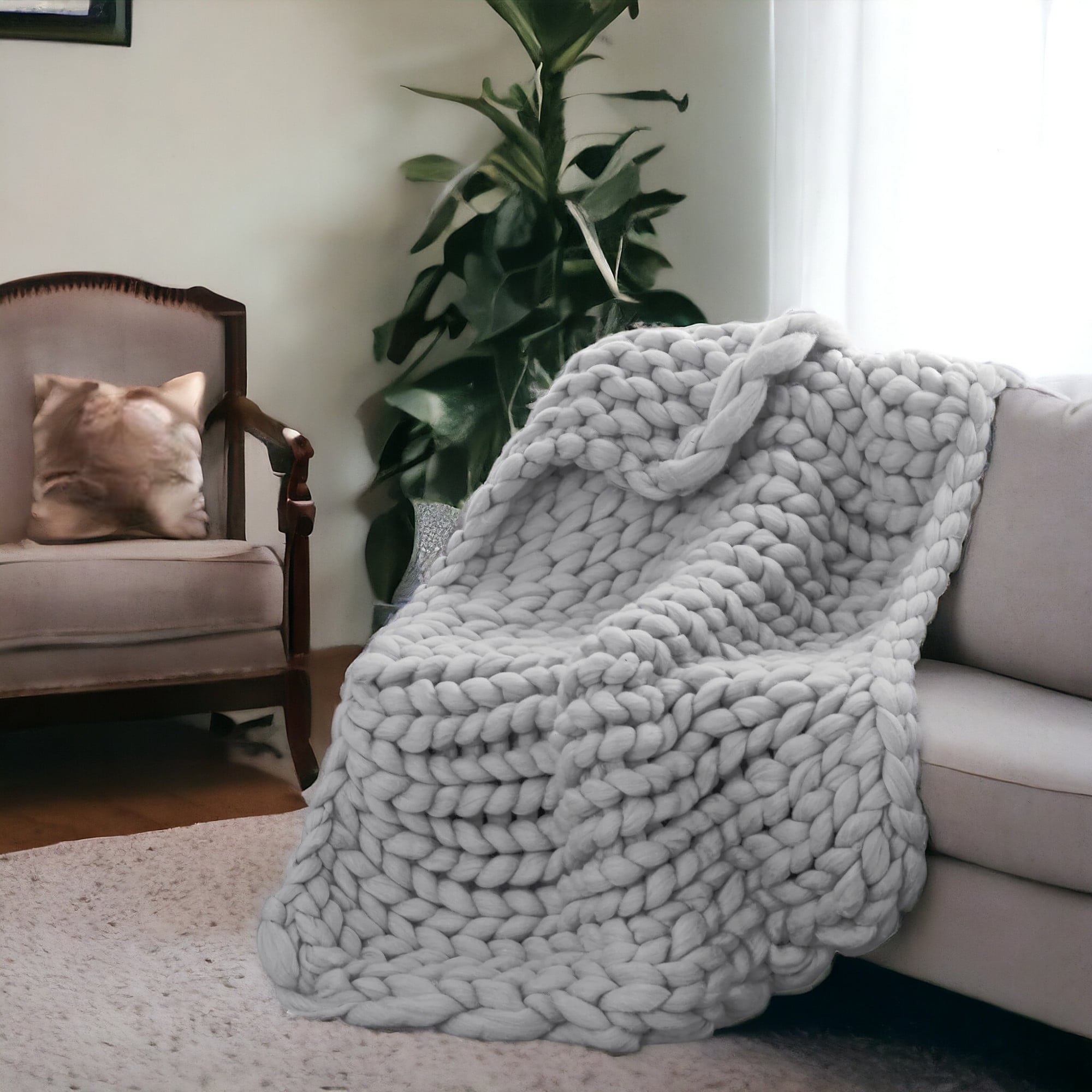 HomeRoots Light Grey Boho Chunky Knit Throw Blanket