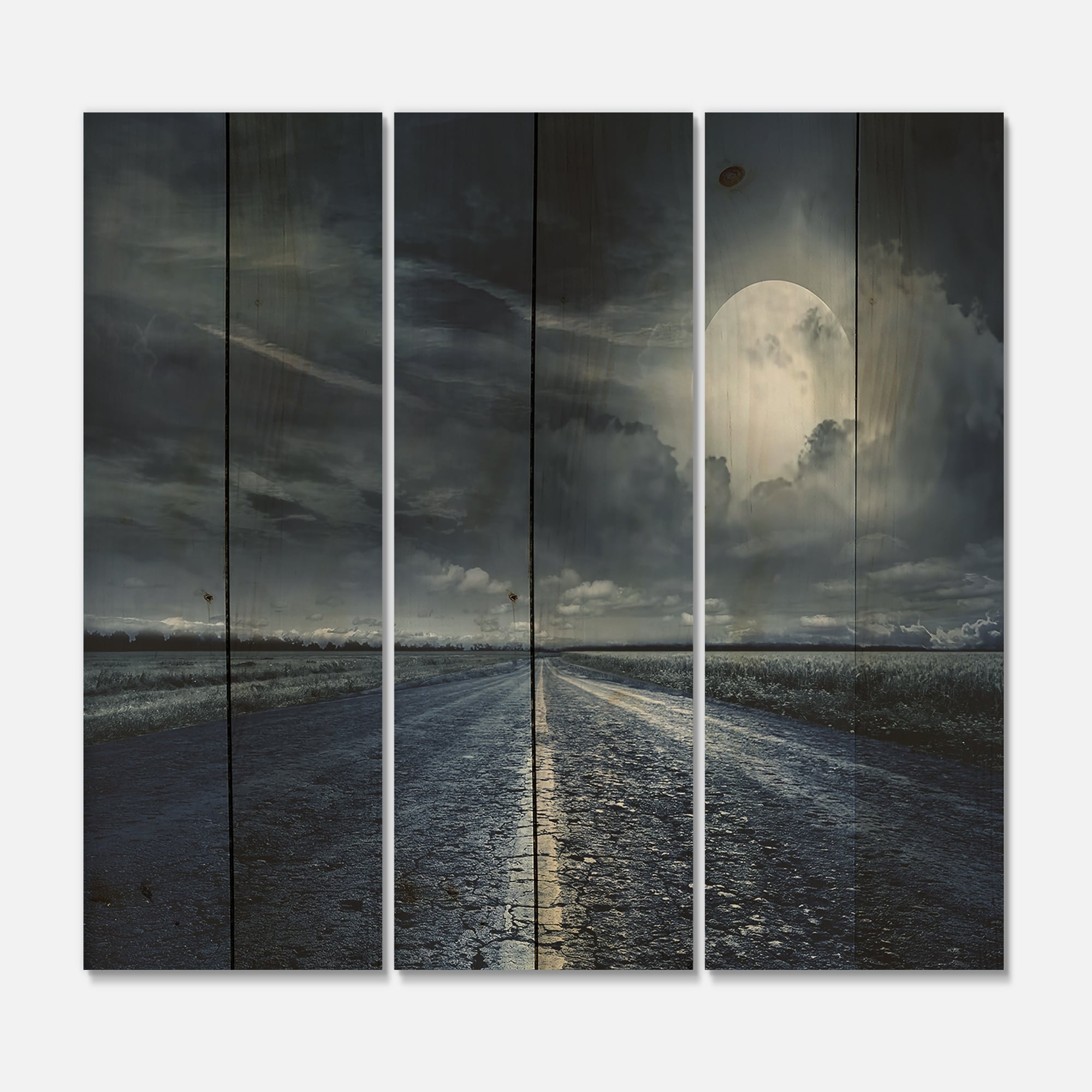 Designart 'Asphalt Road Under Cloudy Full Moon II' Nautical & Coastal Print on Natural Pine Wood - 3 Panels