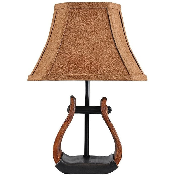 HomeRoots 13 Brown and Black Horse Stirrup Accent Lamp With Faux Suede Brown Shade - 7 W x 6 D x 13 H