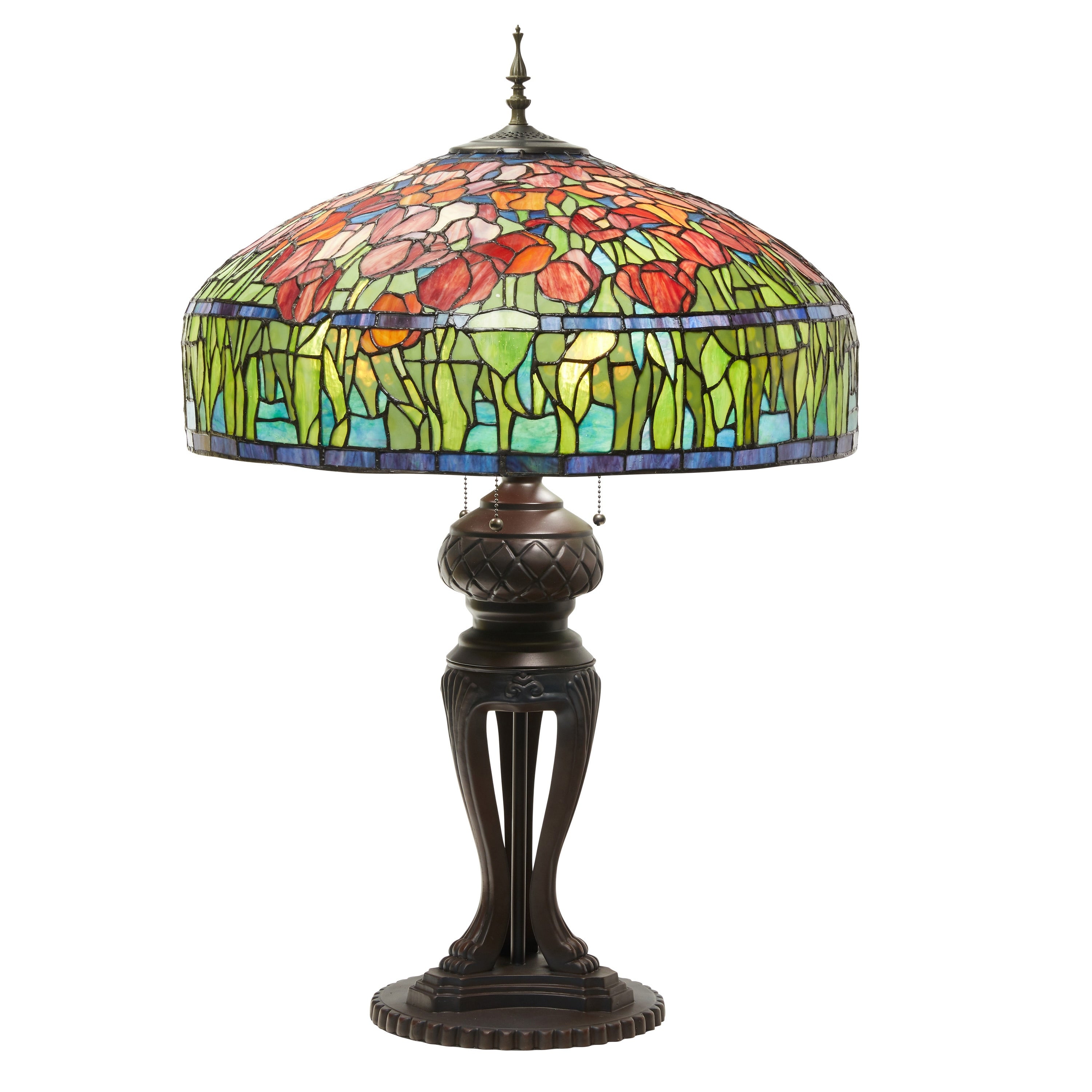 Tulip River of Goods Tiffany-Inspired Red and Green Stained Glass 33.25-Inch Table Lamp - 22 x 22 x 33.25