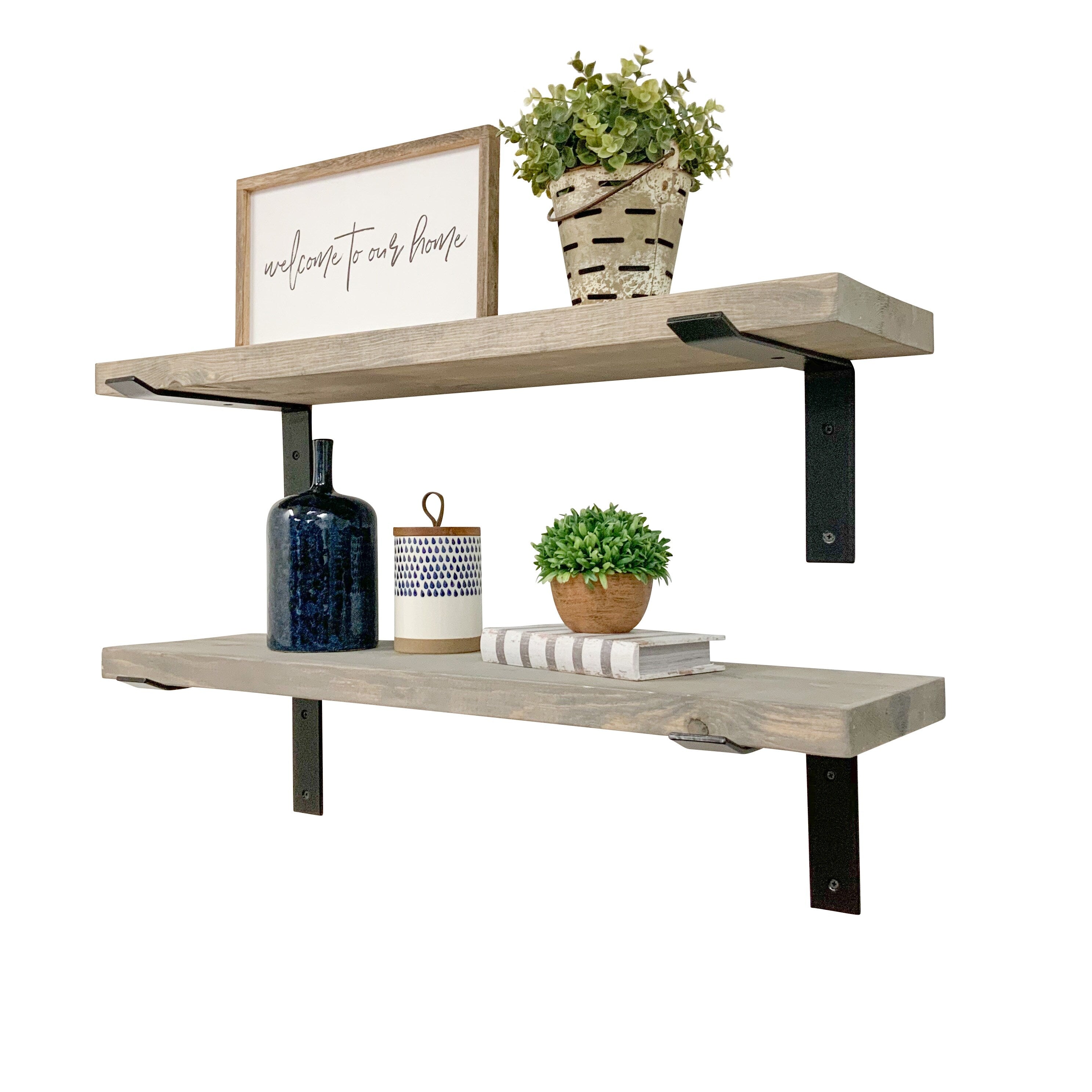 Industrial Pine Wood Heavy Duty Decorative Wall Shelf Set of 2 with Brackets