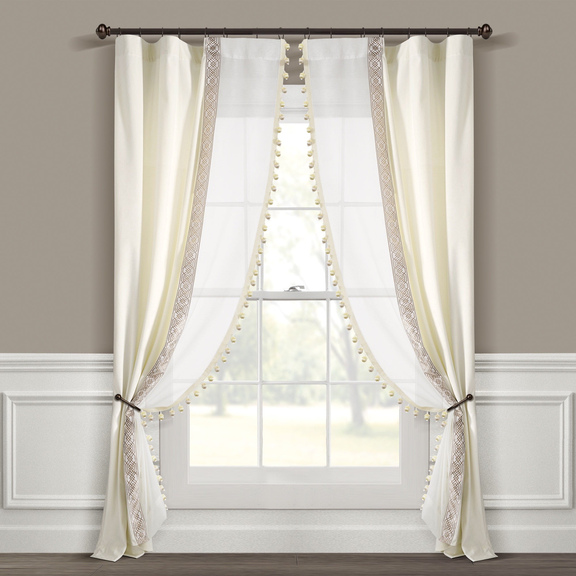 Lush Decor Luxury Vintage Velvet And Sheer With Border Pompom Trim Window Curtain Panel Single