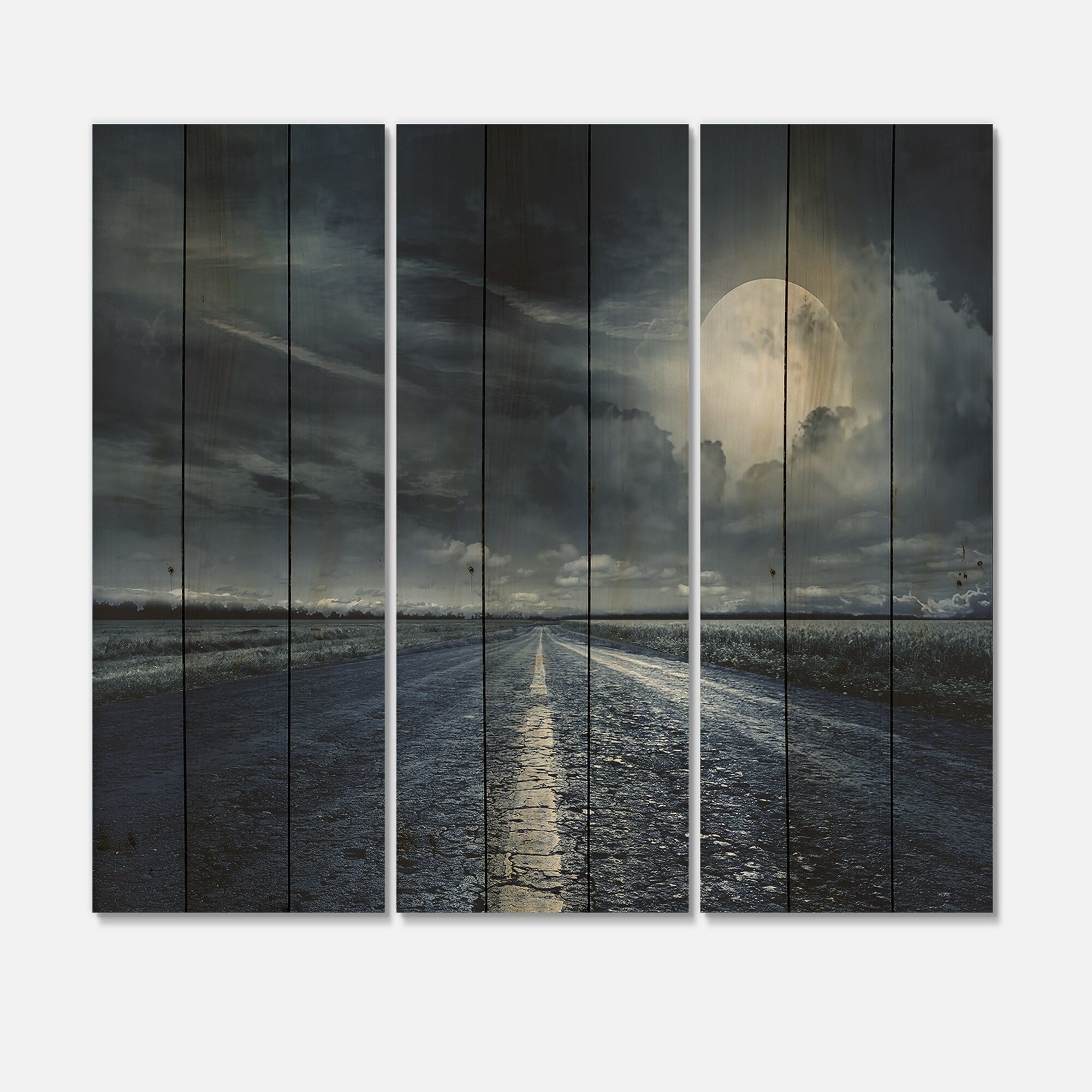 Designart 'Asphalt Road Under Cloudy Full Moon II' Nautical & Coastal Print on Natural Pine Wood - 3 Panels