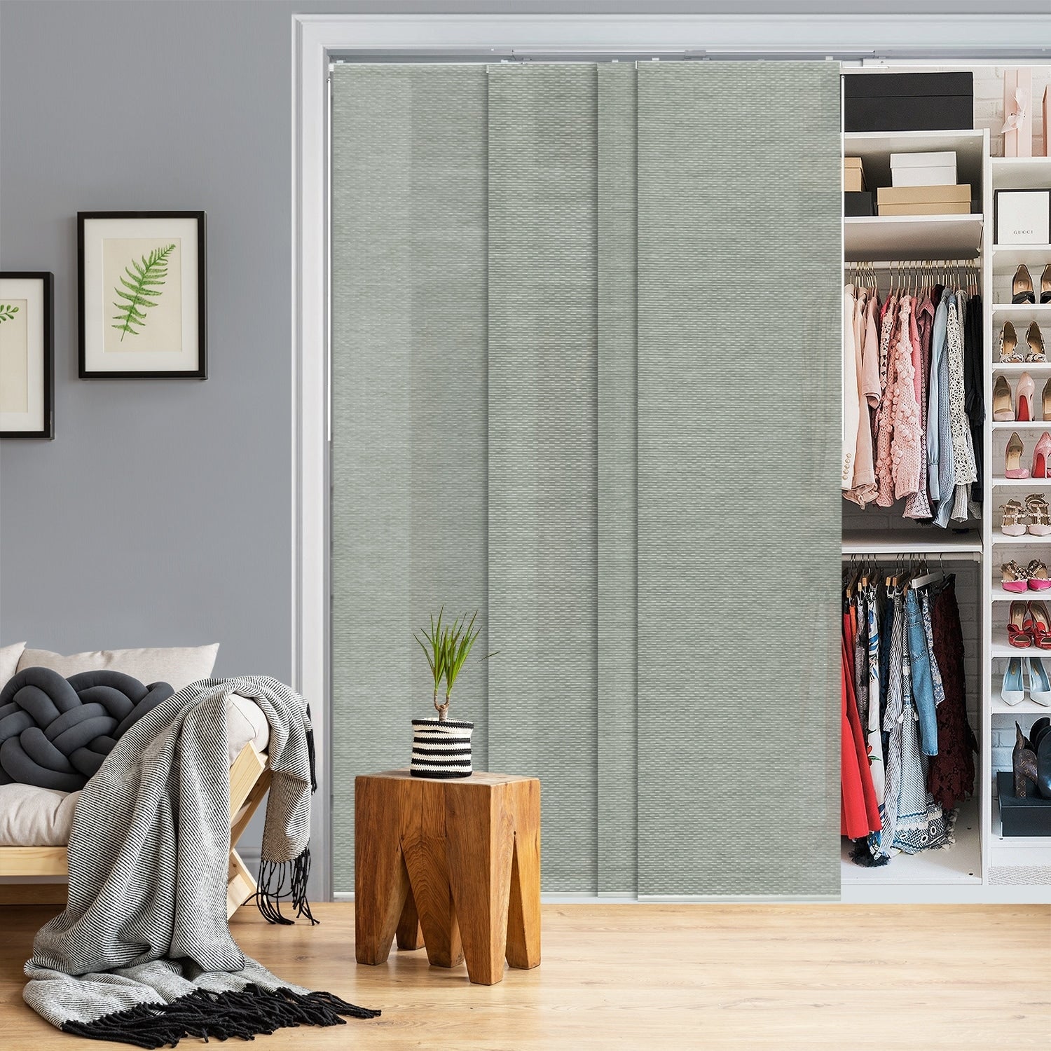 GoDear Design Natural Woven Adjustable Sliding Panel Track Blinds, Vertical Blinds, Dazzling Series, 45.8- 86 W x 96 L