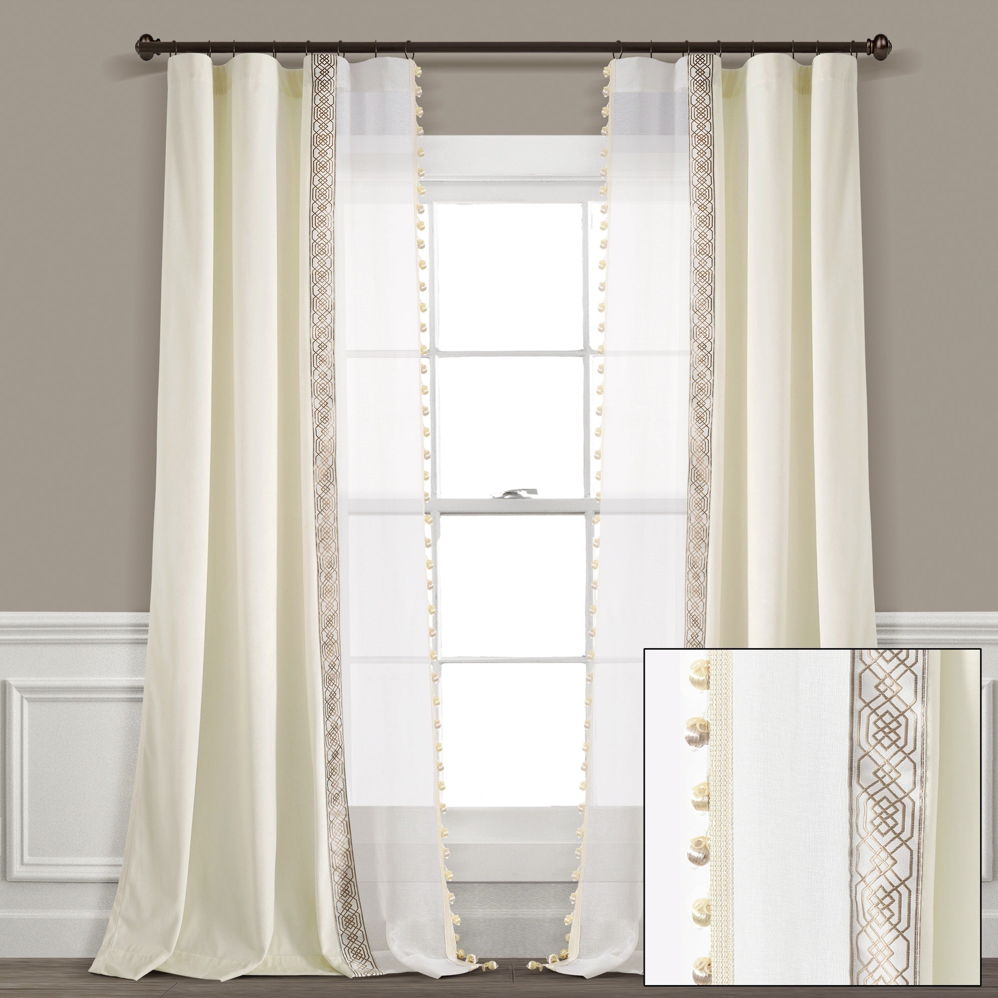 Lush Decor Luxury Vintage Velvet And Sheer With Border Pompom Trim Window Curtain Panel Single