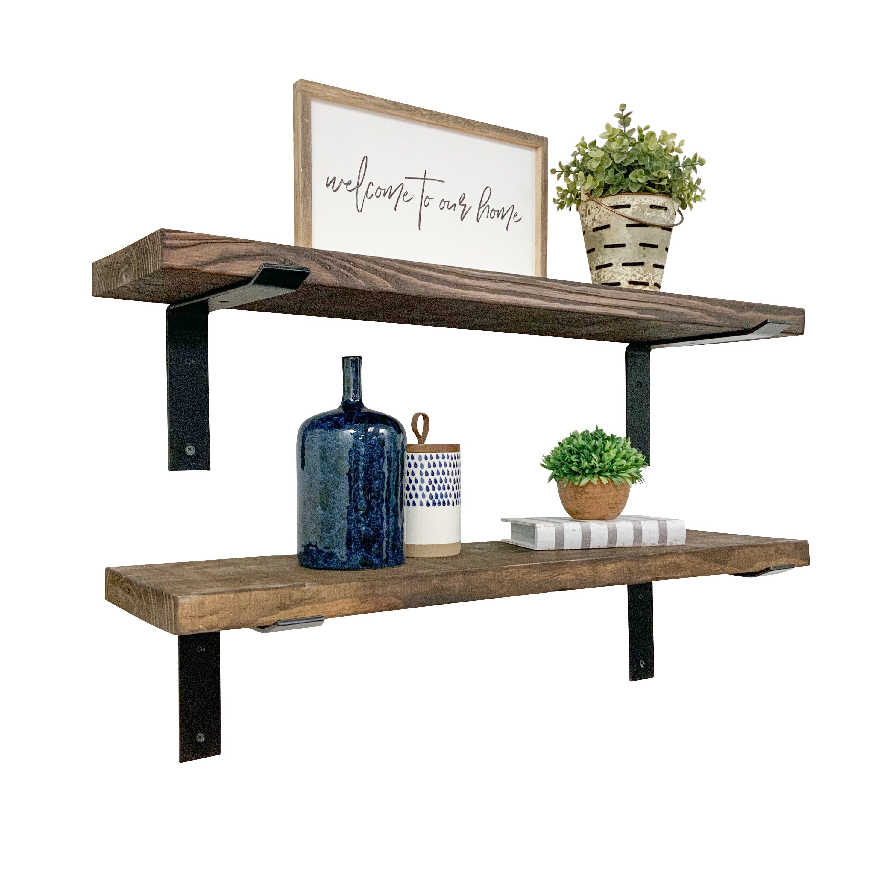 Industrial Pine Wood Heavy Duty Decorative Wall Shelf Set of 2 with Brackets