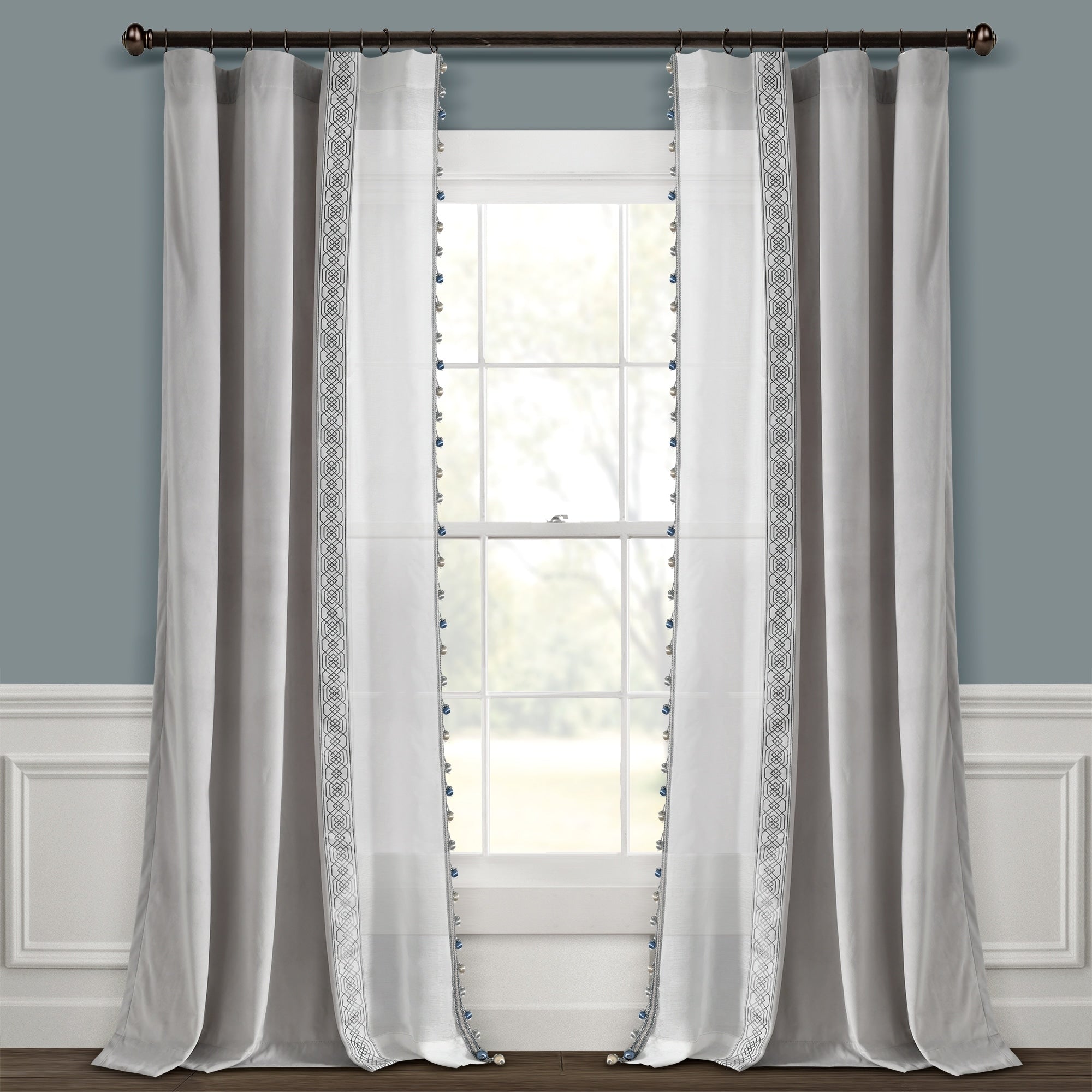 Lush Decor Luxury Vintage Velvet And Sheer With Border Pompom Trim Window Curtain Panel Single