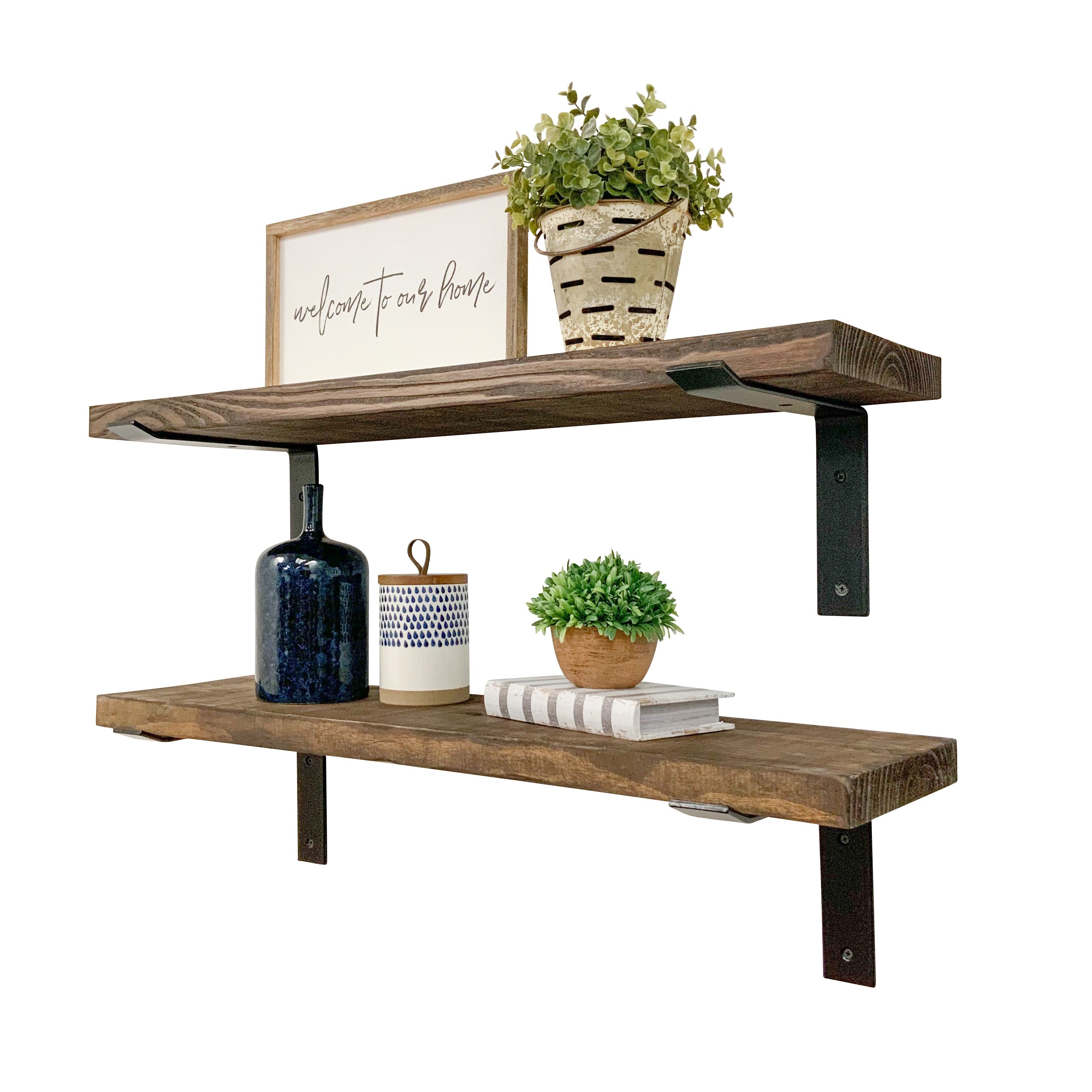 Industrial Pine Wood Heavy Duty Decorative Wall Shelf Set of 2 with Brackets