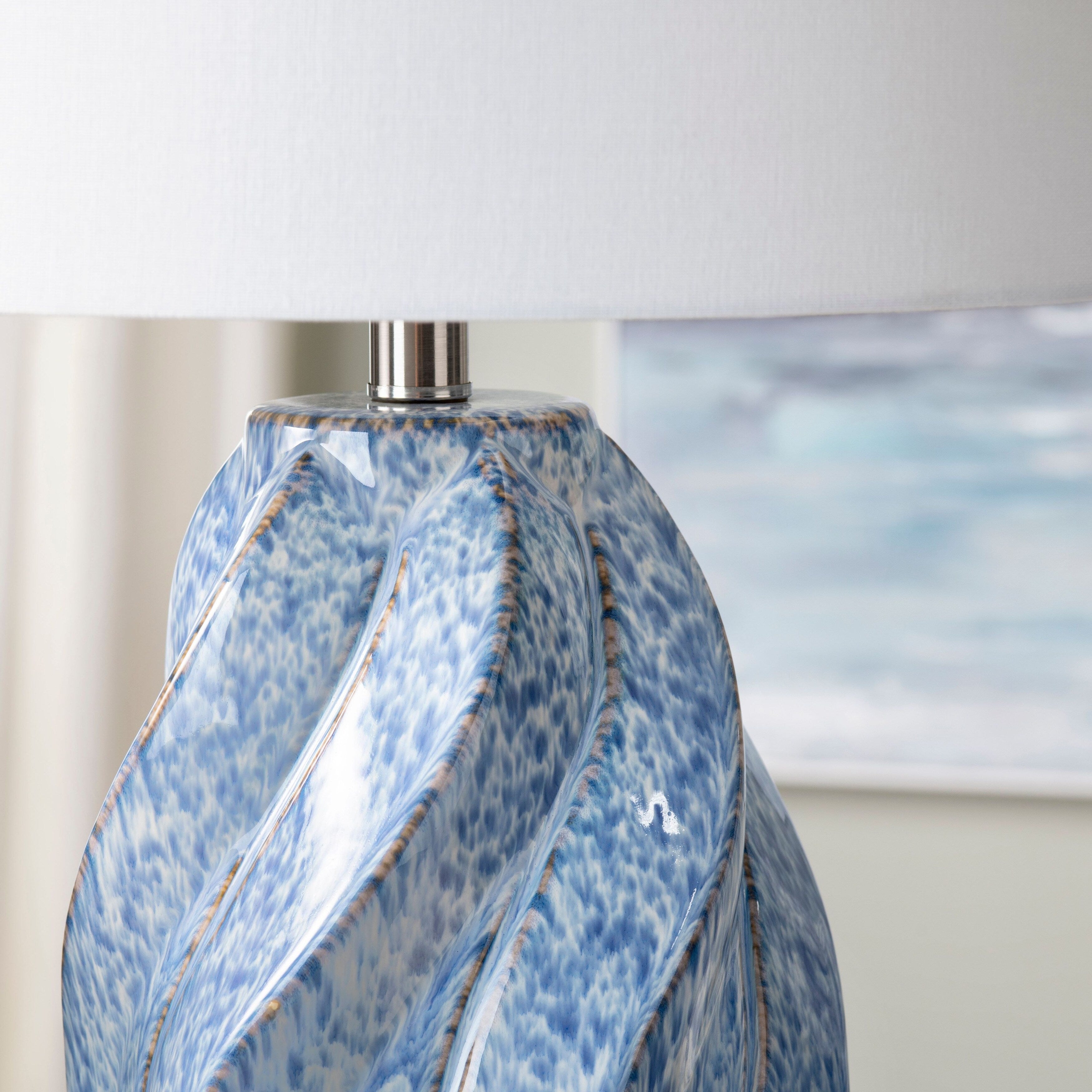 Janice 3-Way Swirl Ceramic Table Lamp with White Linen Shade