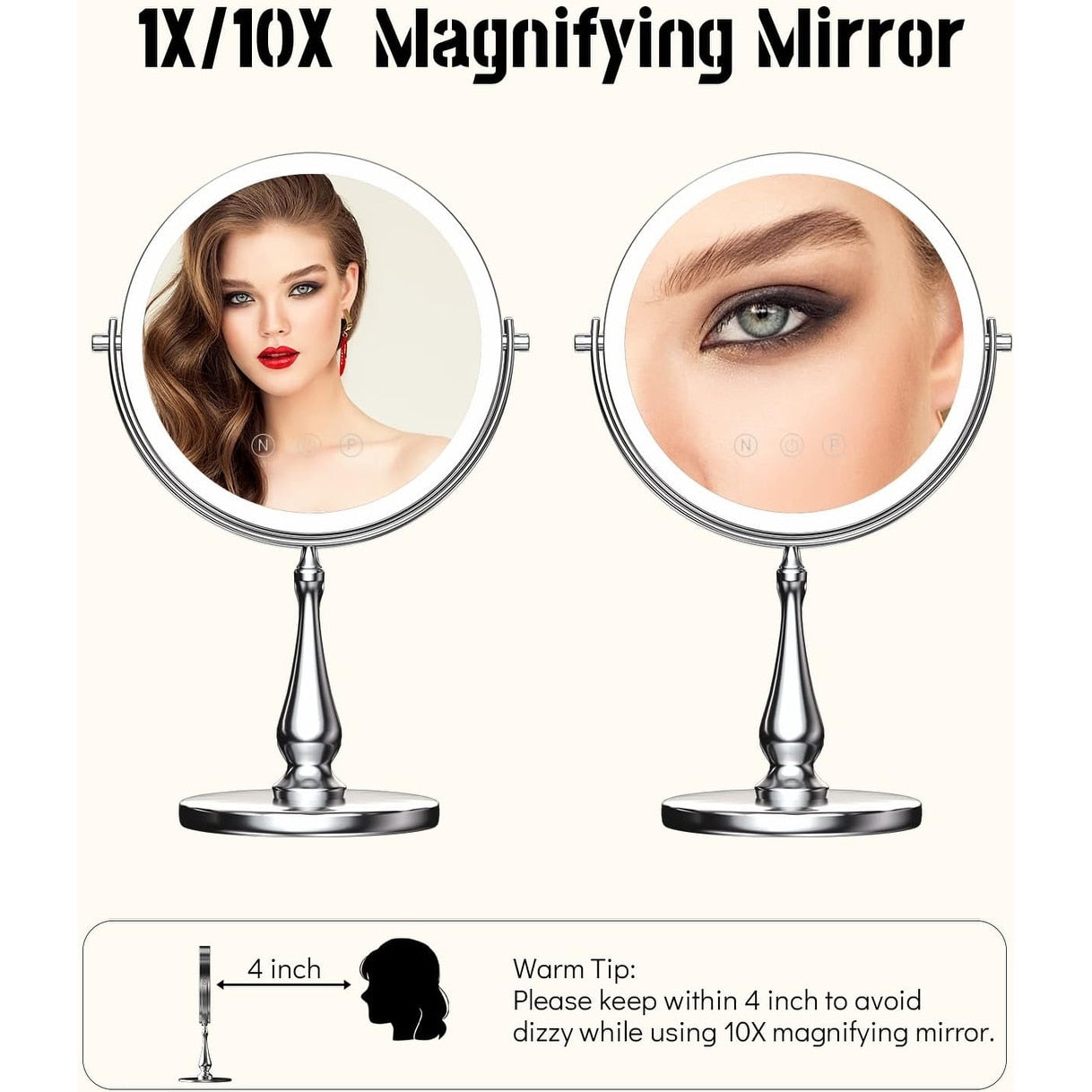 9 Makeup Mirror, 1X/10X Magnifying Mirror with 3 Colors Dimmable Lightning, 360°Rotation Double Sided Desk Mirror