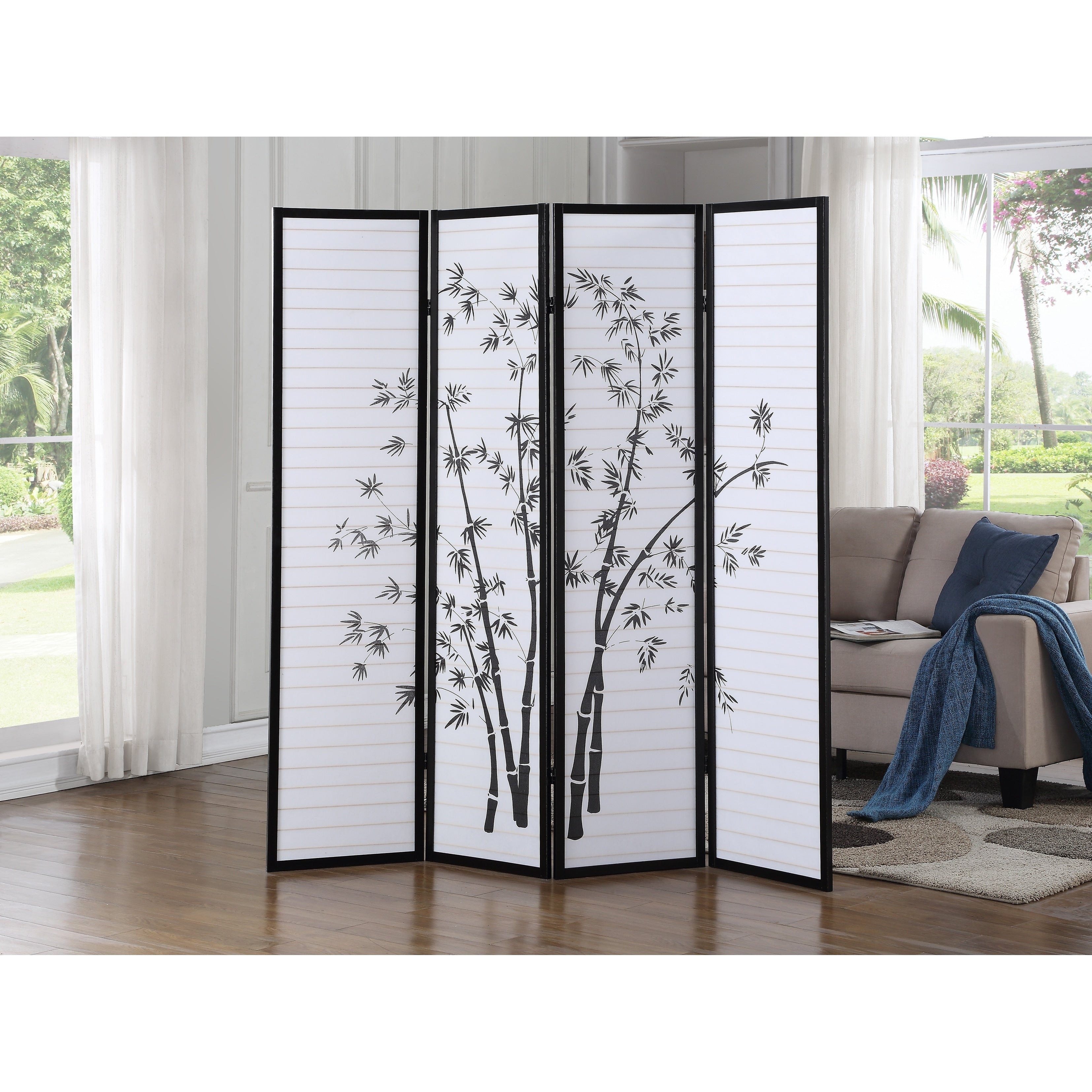 Bamboo Print 4-Panel Framed Room Screen/Divider, Black