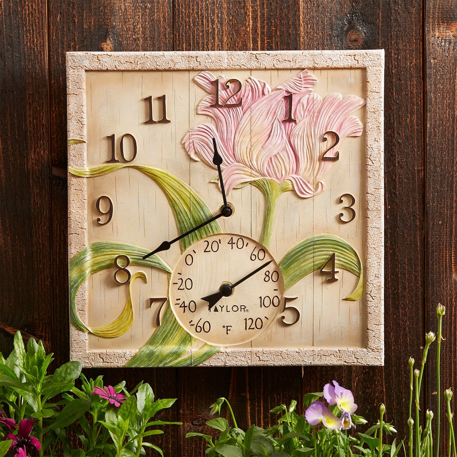 Taylor 14 x 14 Poly Resin Beachwood Flower Clock with Thermometer