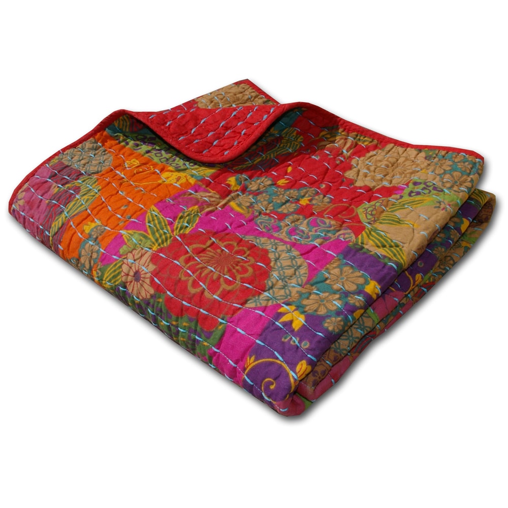 Greenland Home Fashions Jewel 100% Cotton Kantha-Quilted Boho Floral Throw Blanket