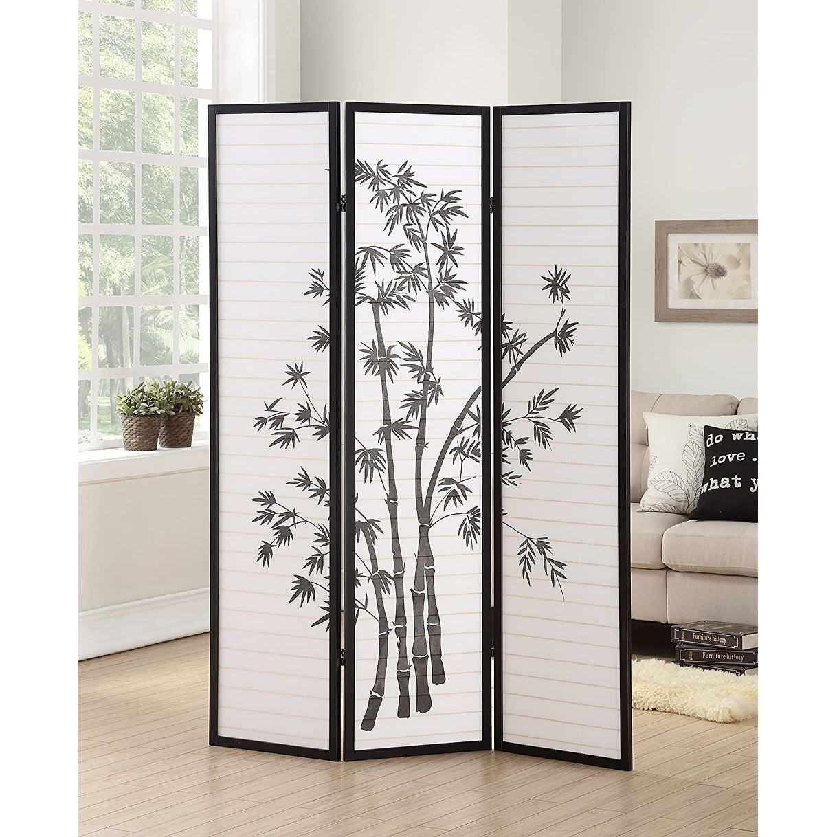 Roundhill Furniture 3-Panel Oriental Shoji Screen/Room Divider, Black