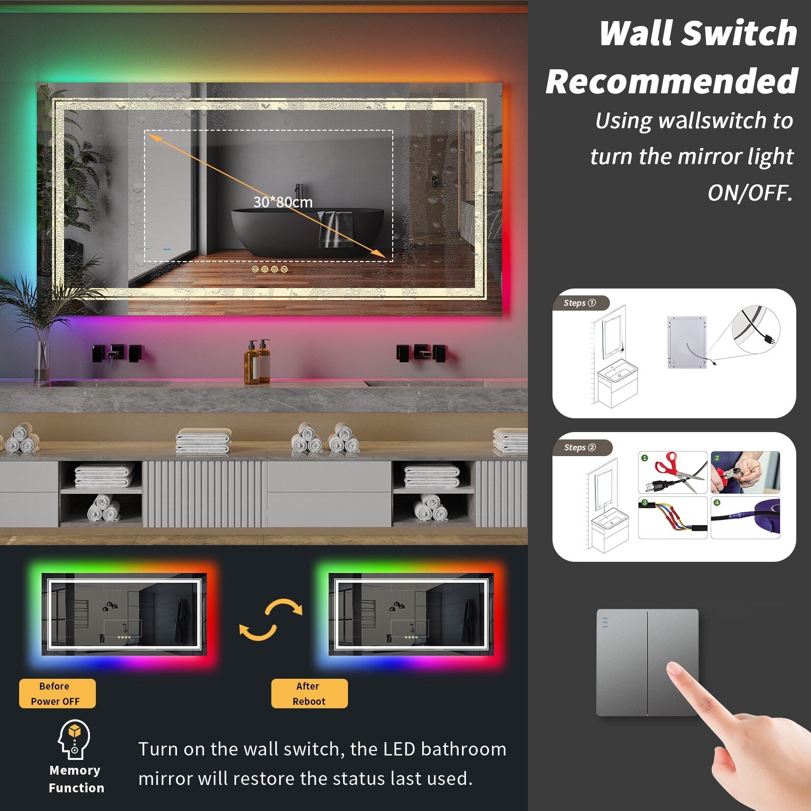 RGB LED Bathroom Mirror Front Light RGB Backlit Lighted Vanity Mirror