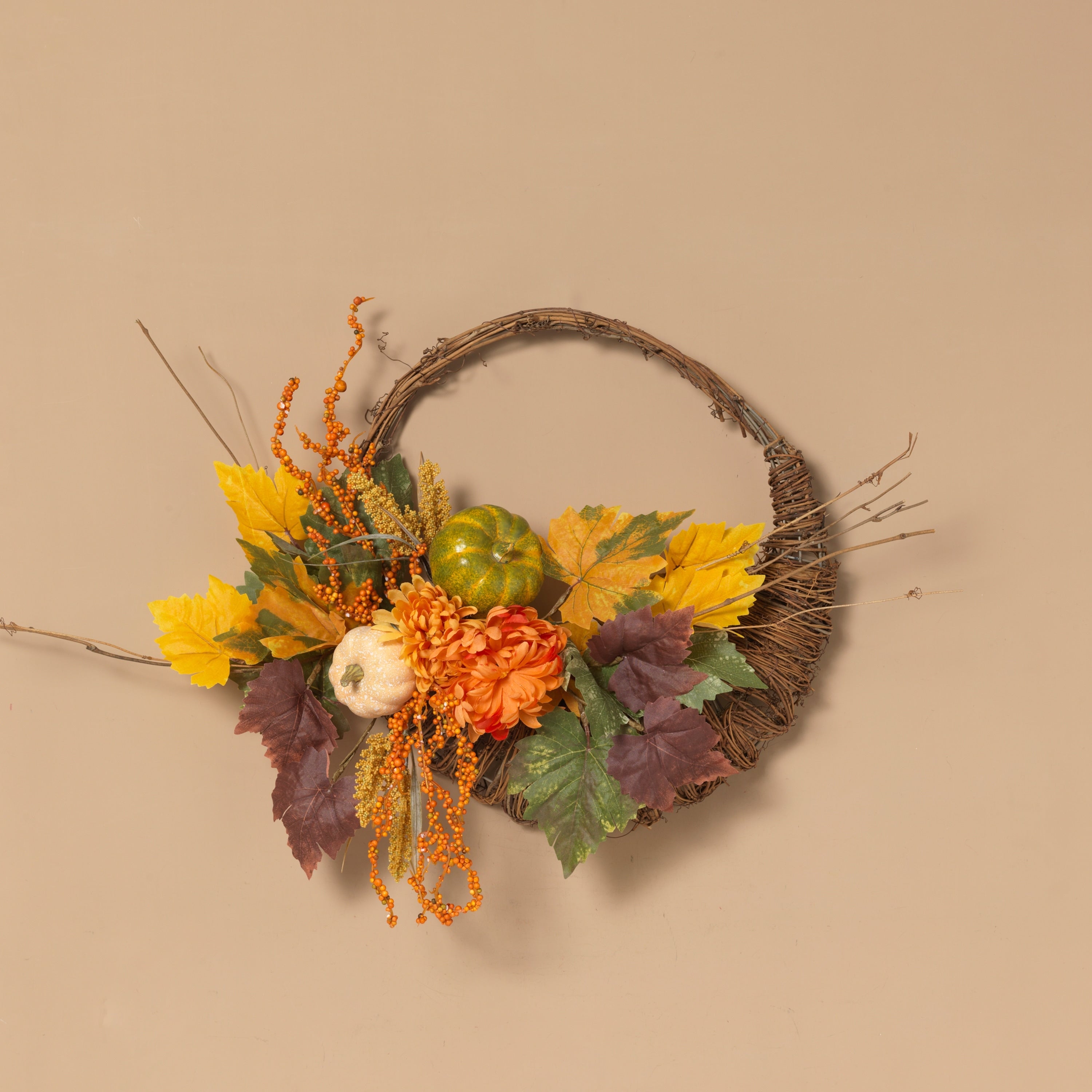 20 in. Cornucopia Wreath with Pumpkin and Berry Accents