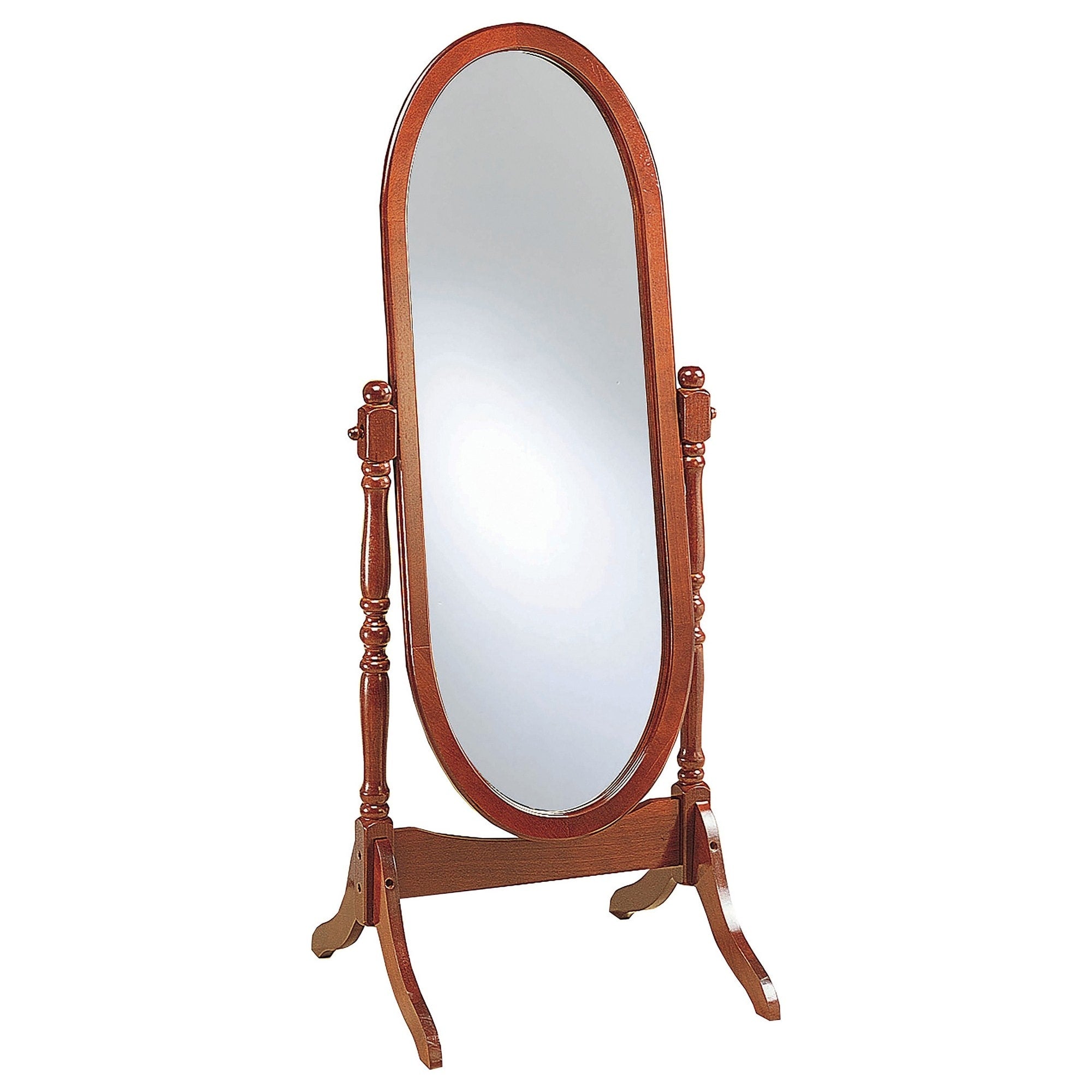 Standing Cheval Mirror with Oval Frame Turned Posts, Brown