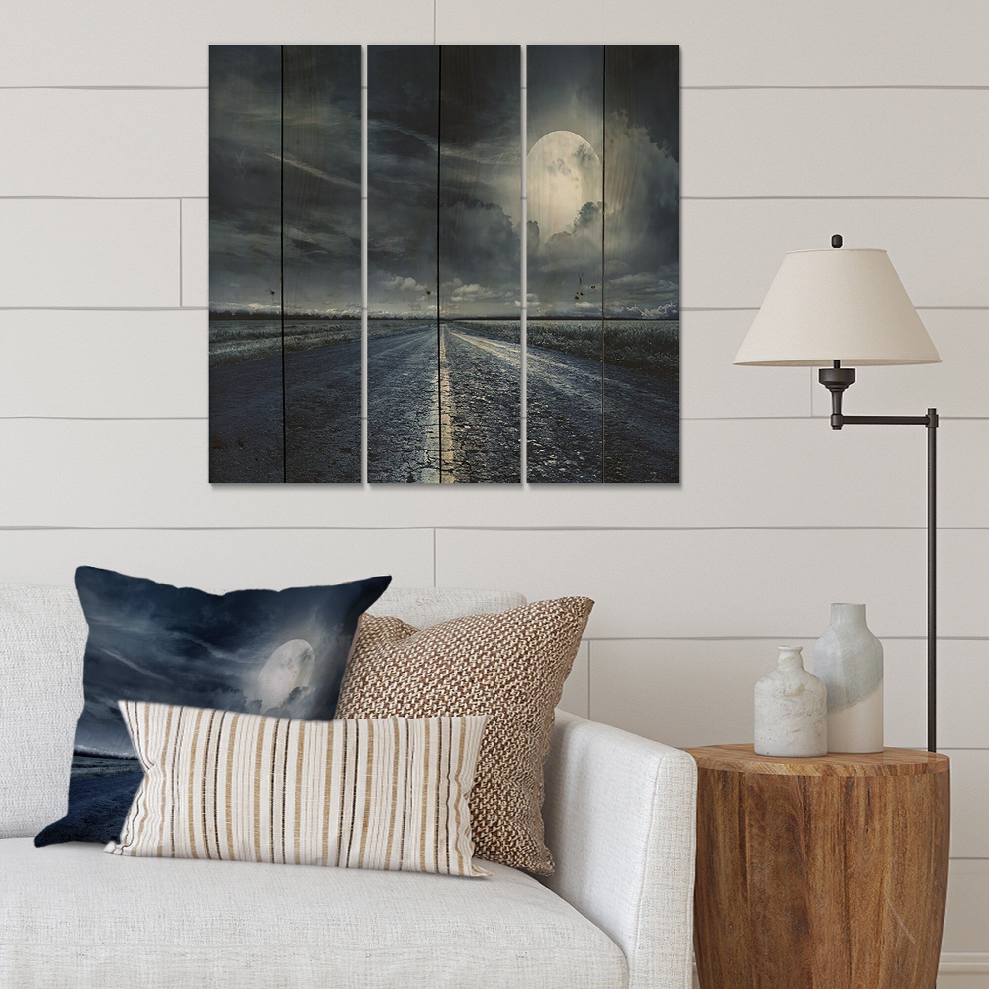 Designart 'Asphalt Road Under Cloudy Full Moon II' Nautical & Coastal Print on Natural Pine Wood - 3 Panels