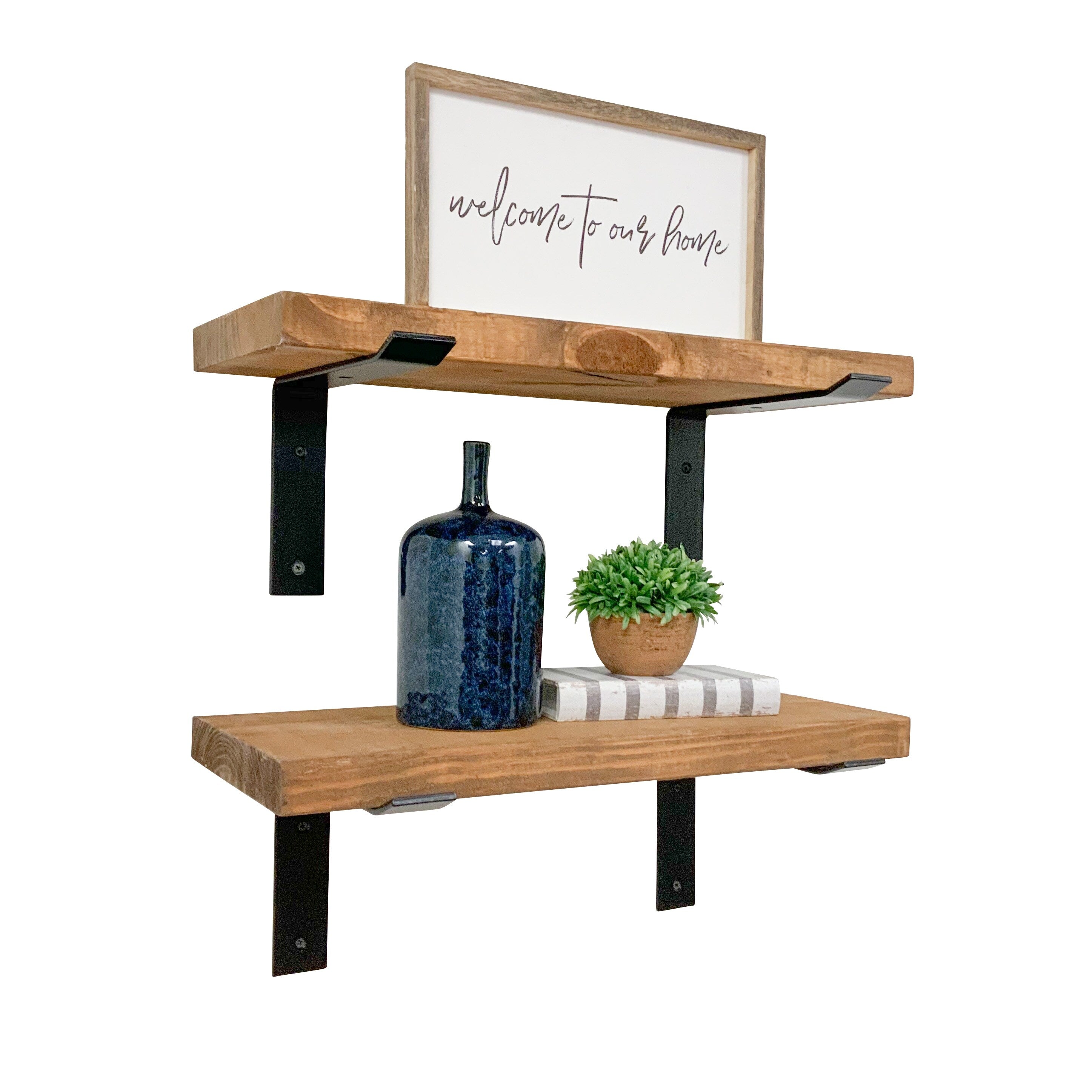 Industrial Pine Wood Heavy Duty Decorative Wall Shelf Set of 2 with Brackets