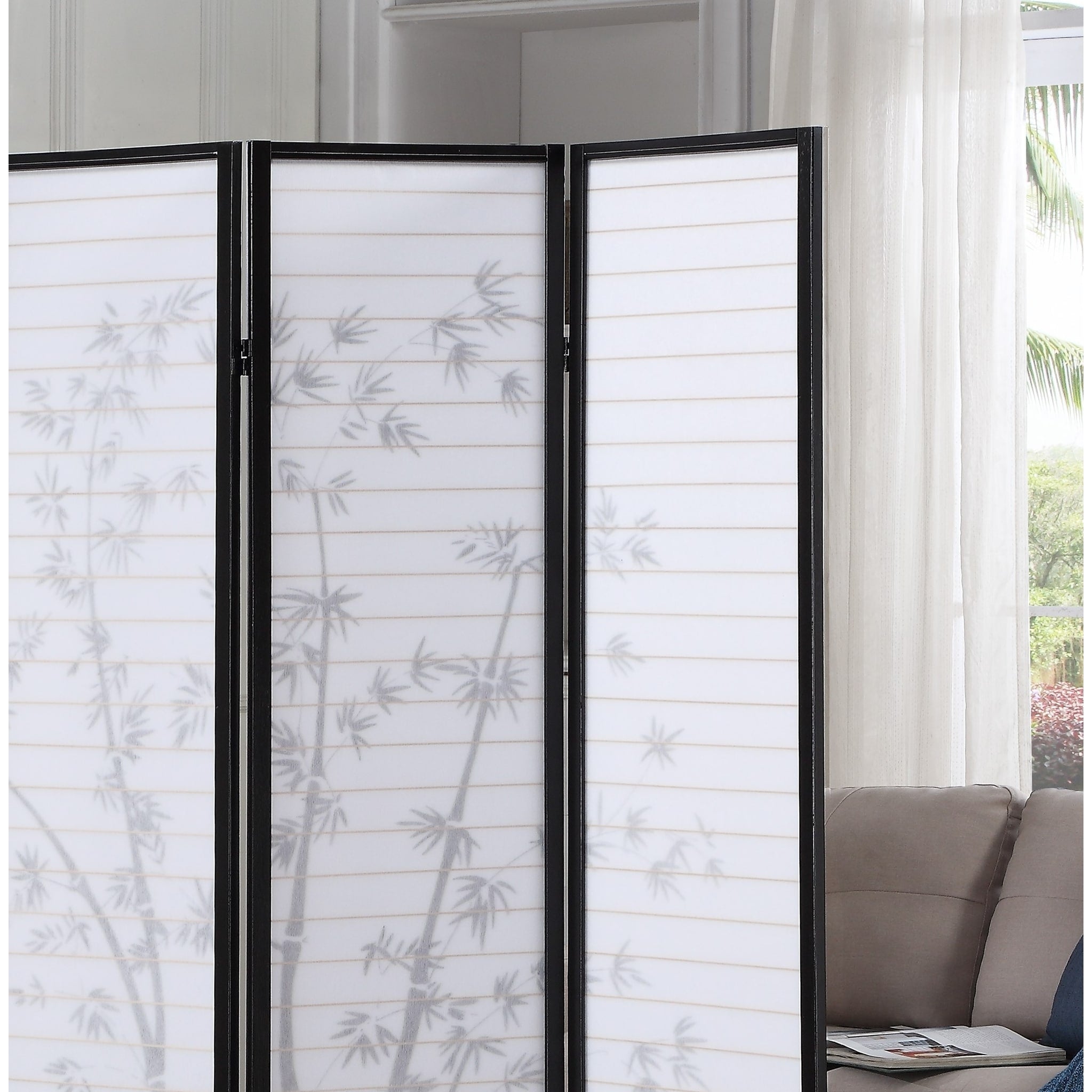 Bamboo Print 4-Panel Framed Room Screen/Divider, Black