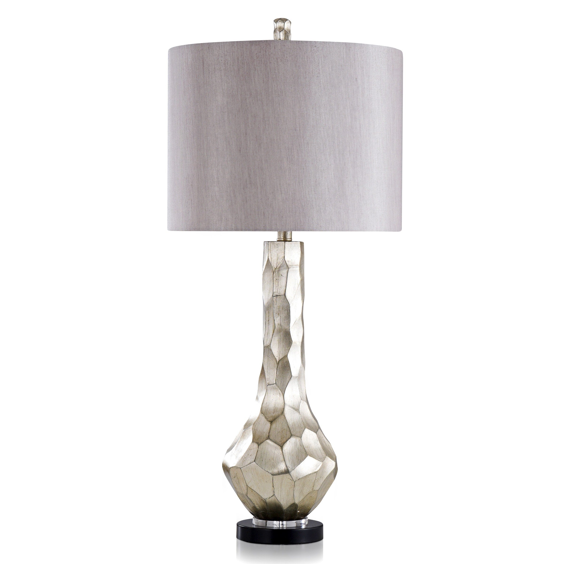 Zara - Carved Stone Design Table Lamp With Clear Acrylic Base - Gold Finish - Shimmering Whisper Grey Shade