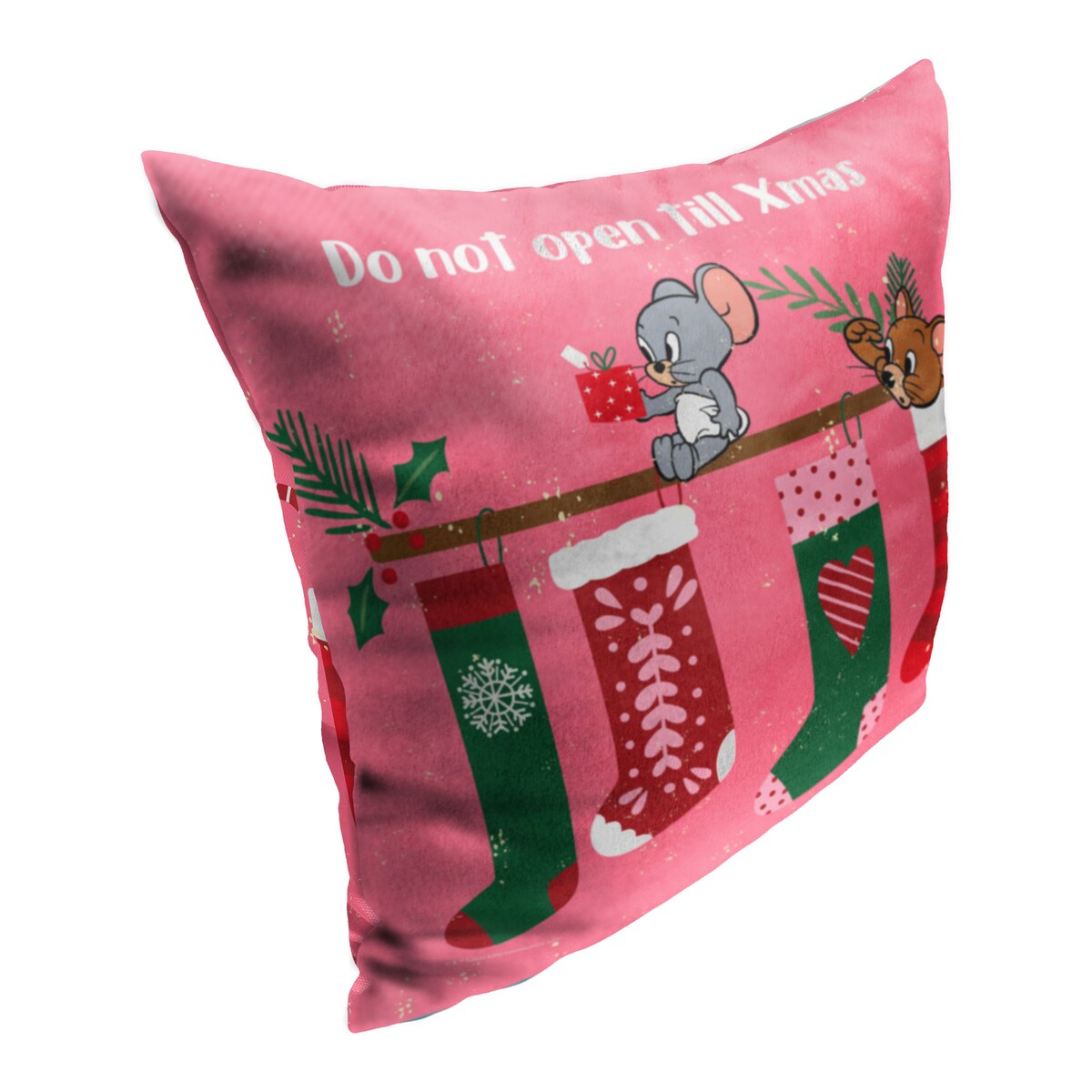 WB Tom and Jerry Don't Open till Xmas Printed Throw Pillow - Pink