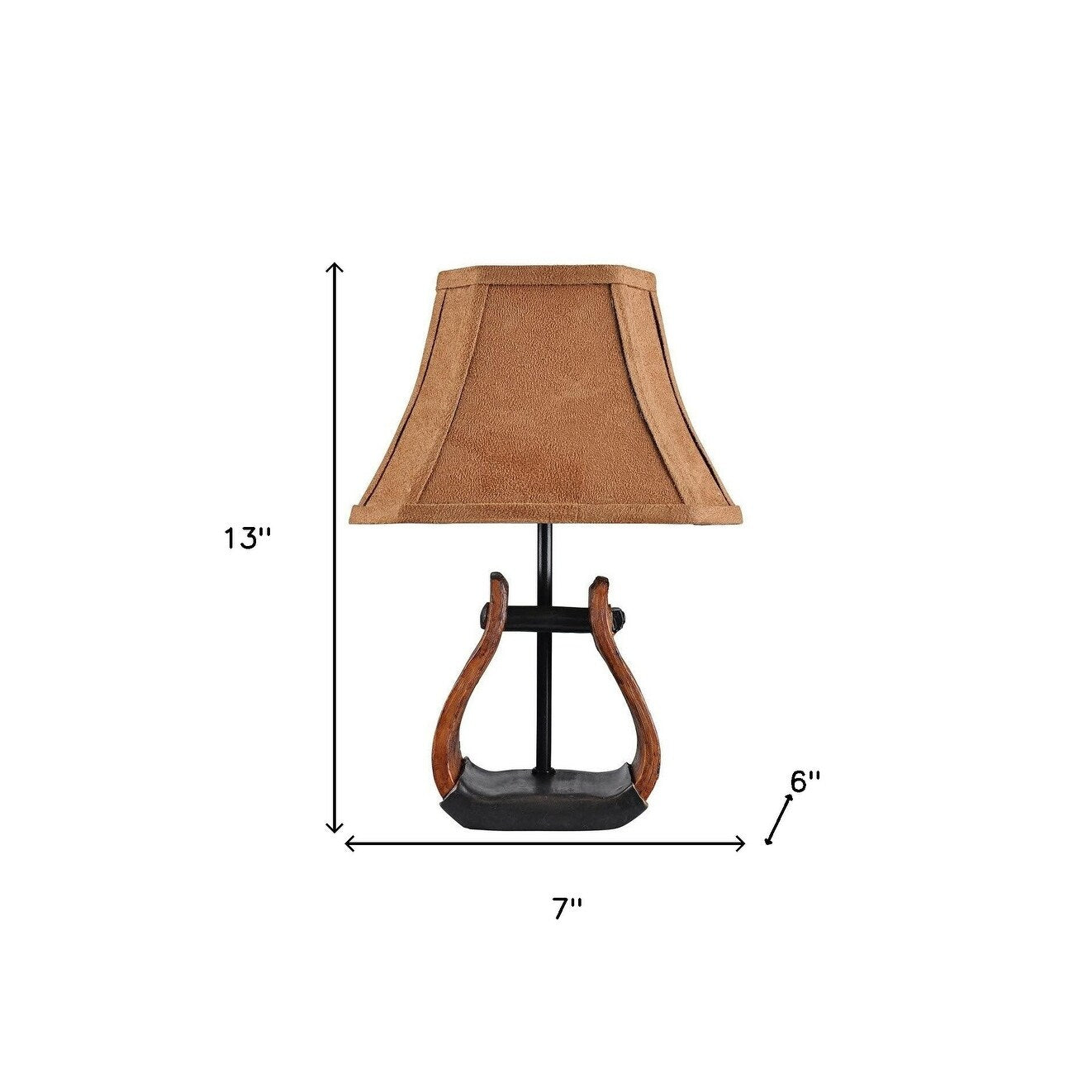 HomeRoots 13 Brown and Black Horse Stirrup Accent Lamp With Faux Suede Brown Shade - 7 W x 6 D x 13 H