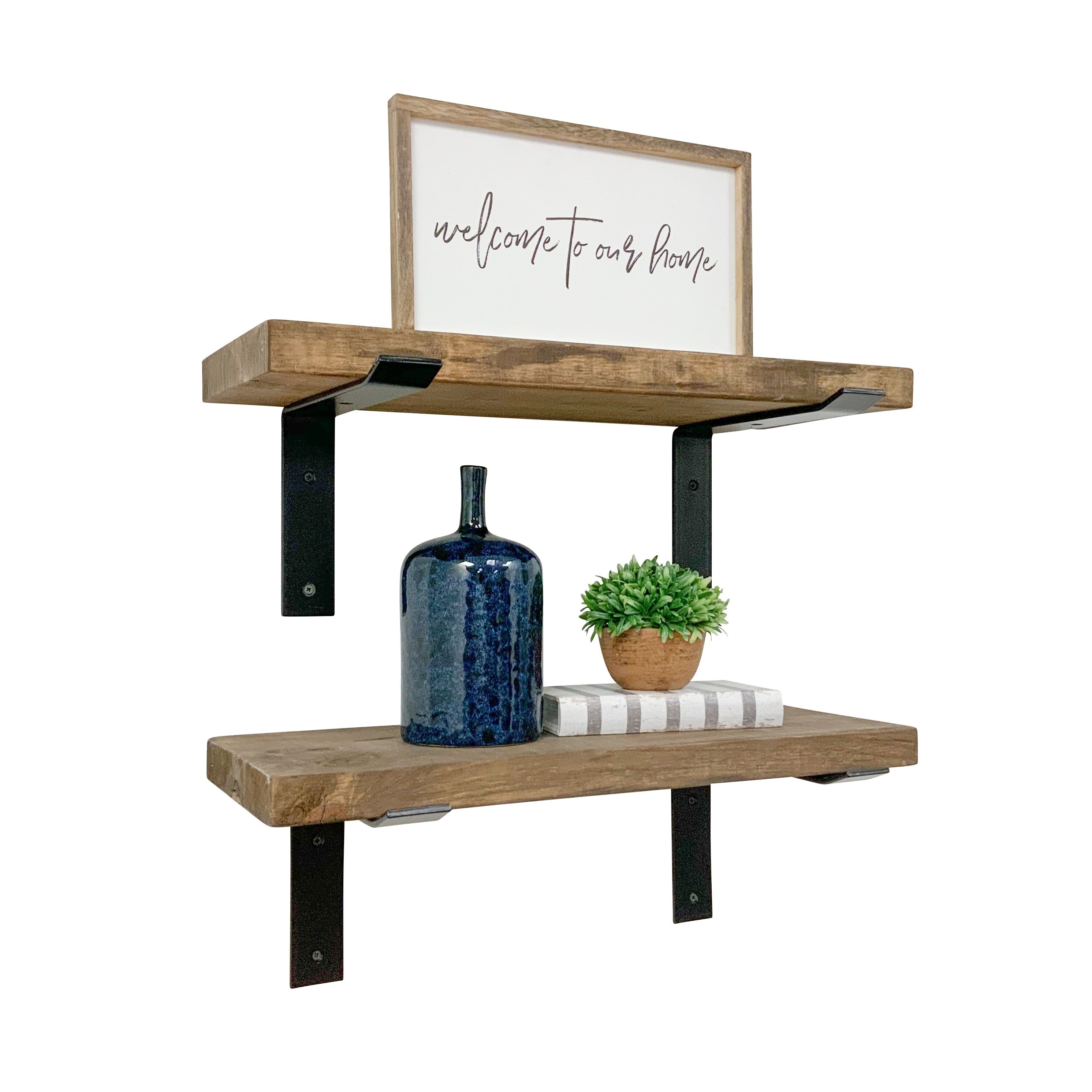 Industrial Pine Wood Heavy Duty Decorative Wall Shelf Set of 2 with Brackets