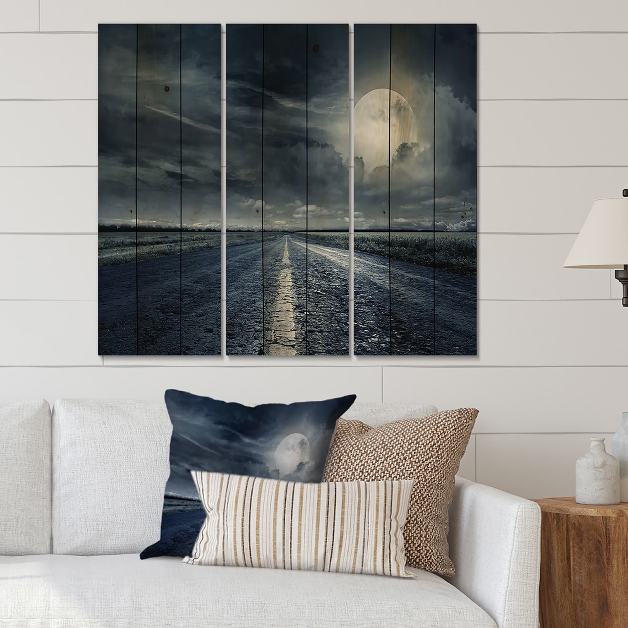 Designart 'Asphalt Road Under Cloudy Full Moon II' Nautical & Coastal Print on Natural Pine Wood - 3 Panels