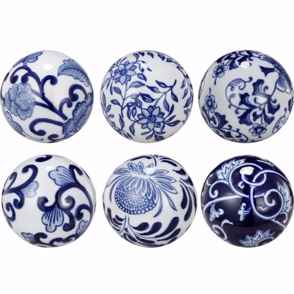 Flashy Ceramic Decorative Orbs, Blue and White, Set of 6