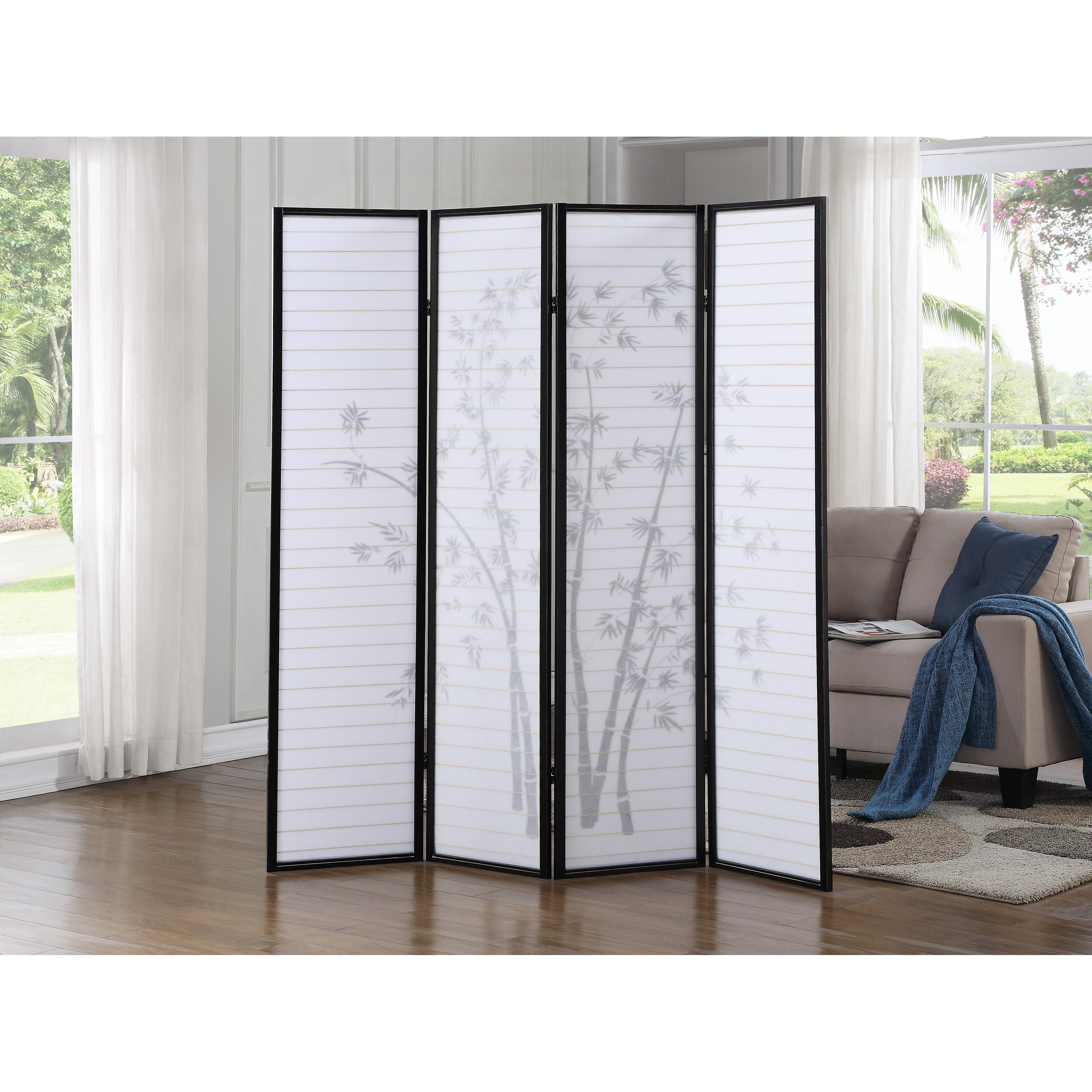 Bamboo Print 4-Panel Framed Room Screen/Divider, Black