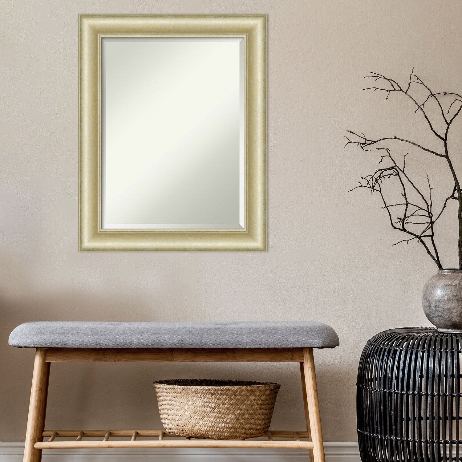 Beveled Bathroom Wall Mirror - Textured Light Gold Frame