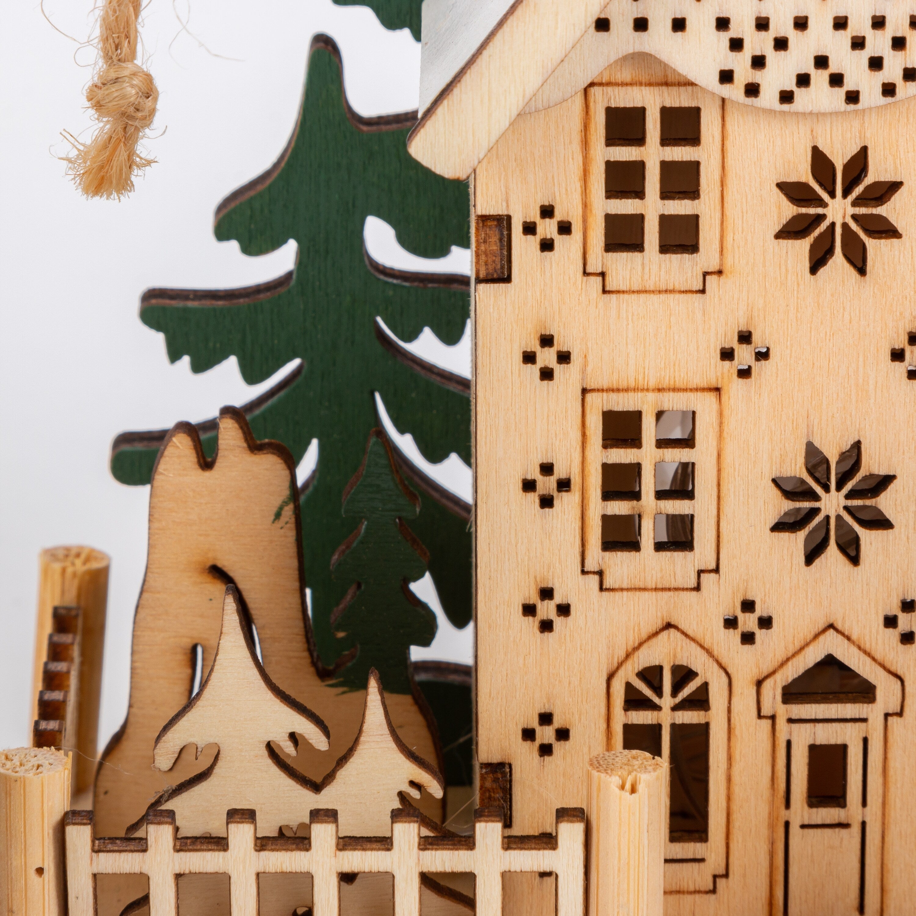 4.25 in Lighted Laser Cut Wood House Ornament Set of 3