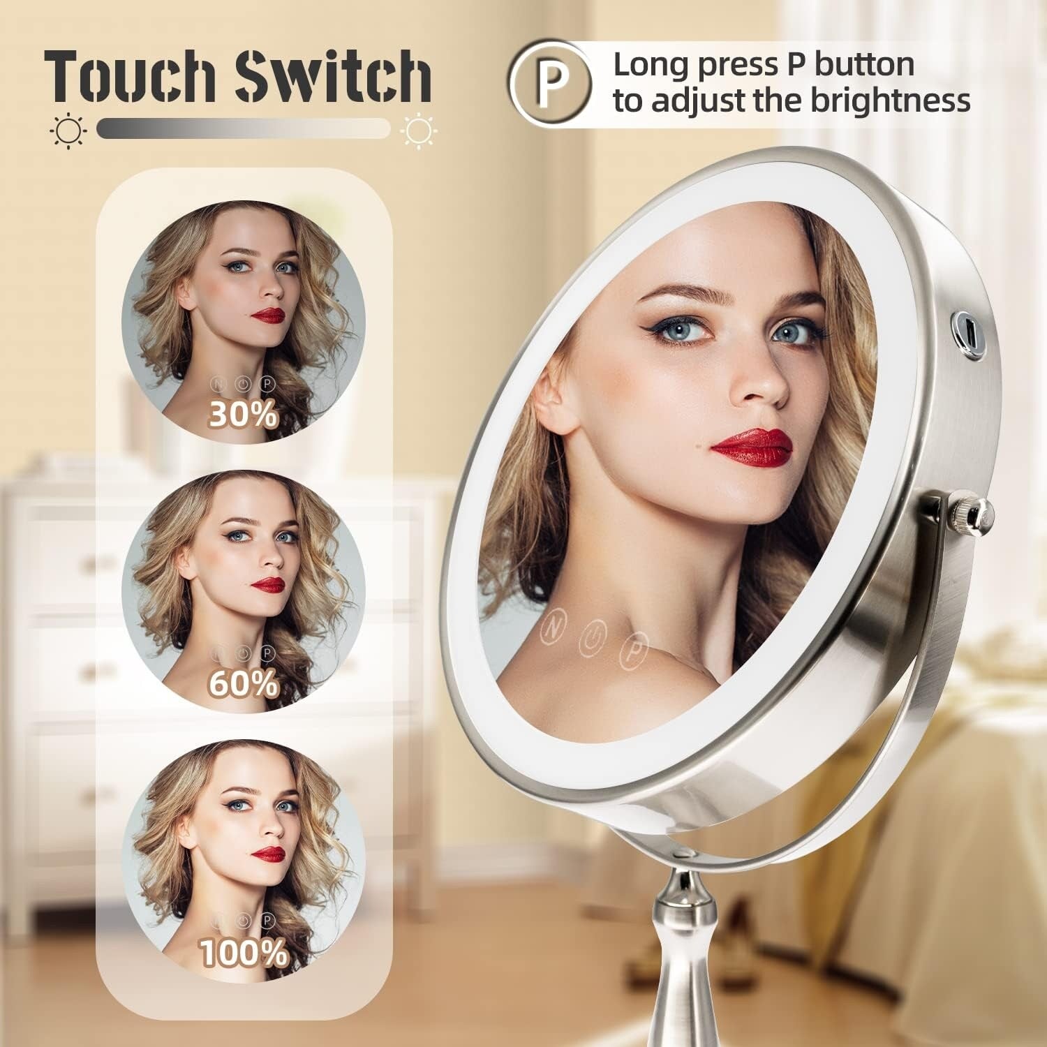 9 Makeup Mirror, 1X/10X Magnifying Mirror with 3 Colors Dimmable Lightning, 360°Rotation Double Sided Desk Mirror