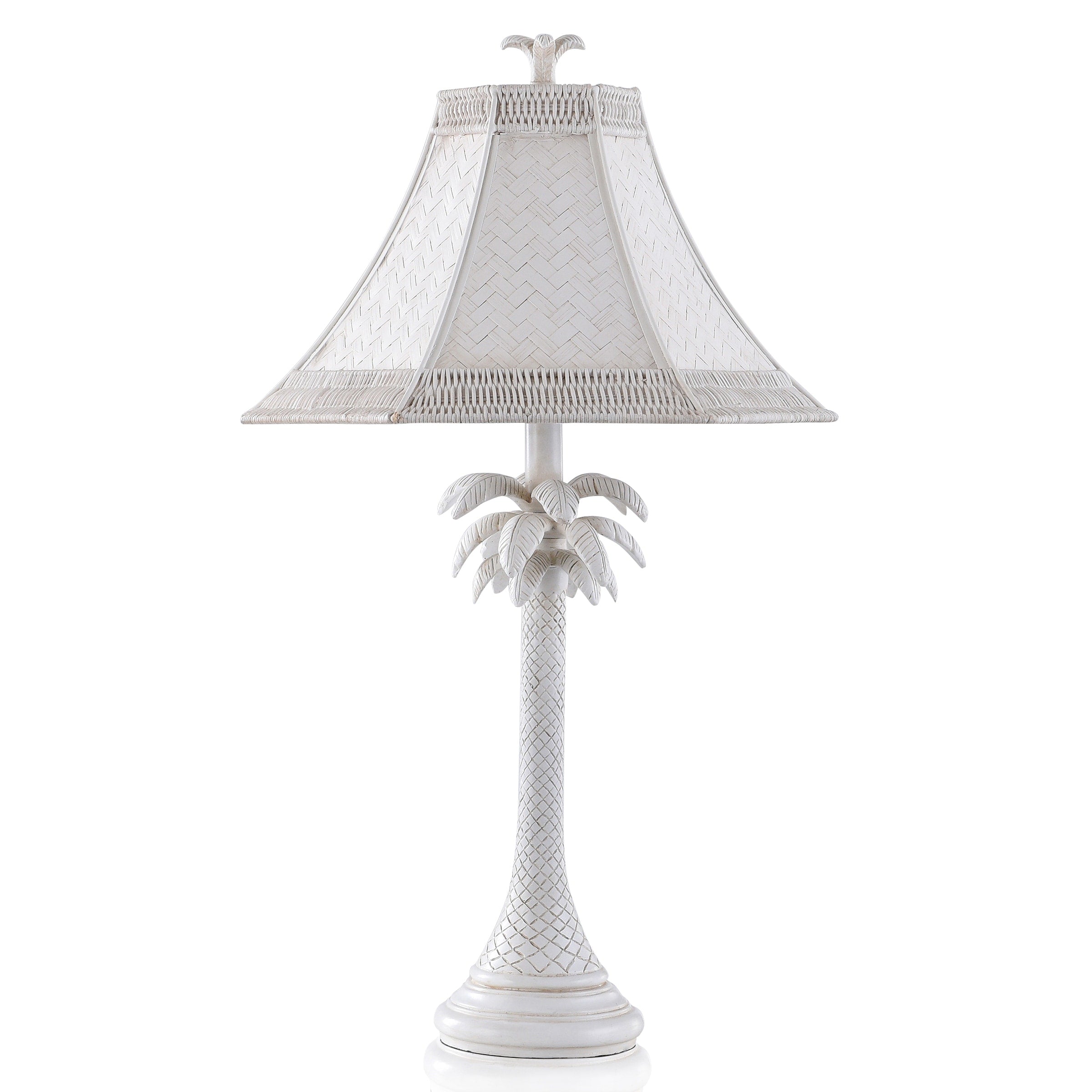 Malik -Traditional Coastal Palm Table Lamp - Whitewash Finish - White Woven Hex Rattan Shade